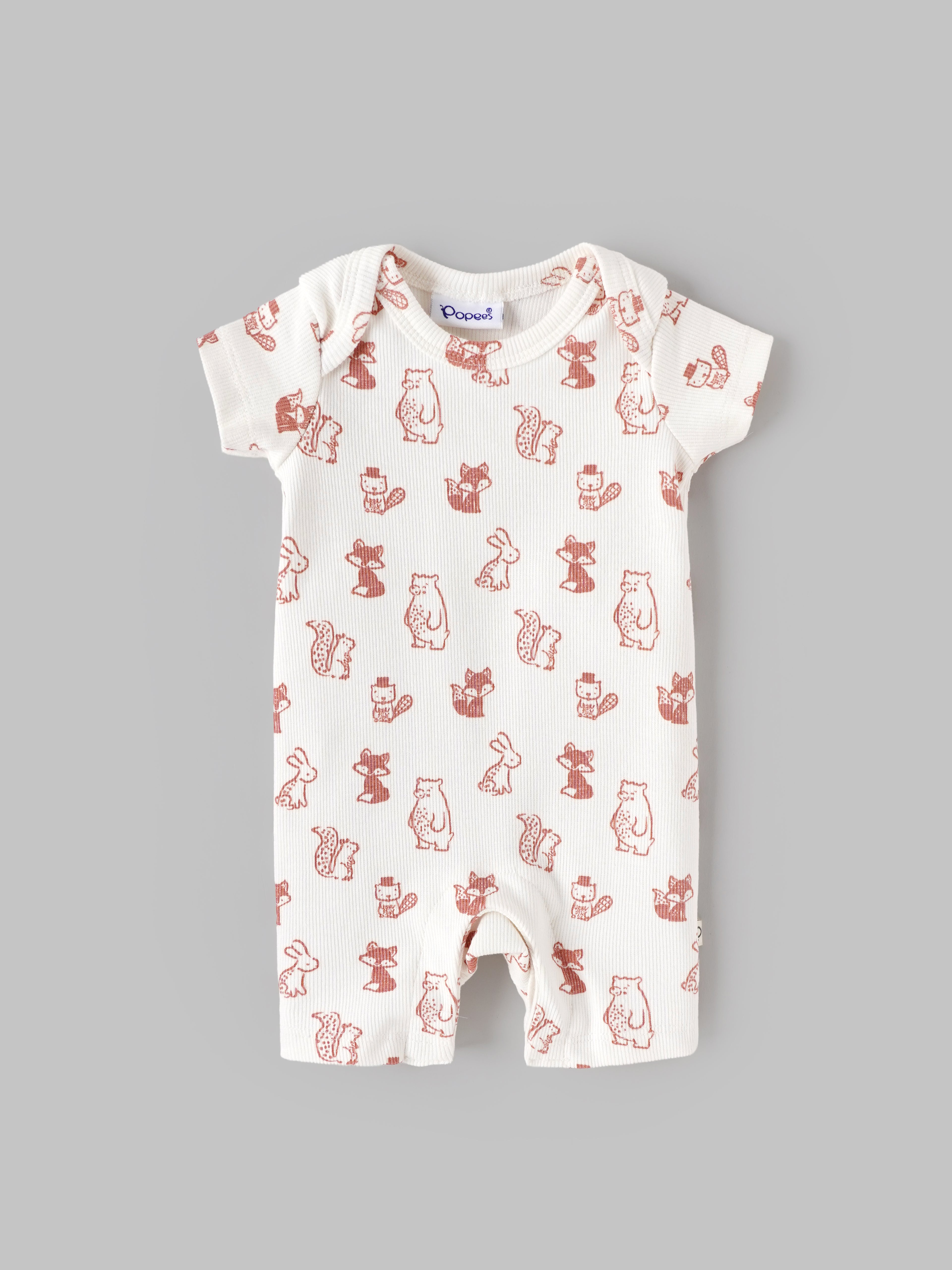 Popees Unisex Animal Print Cotton Romper | Cream Half Sleeve Baby Onesie | Tiny Baby - 6 Months