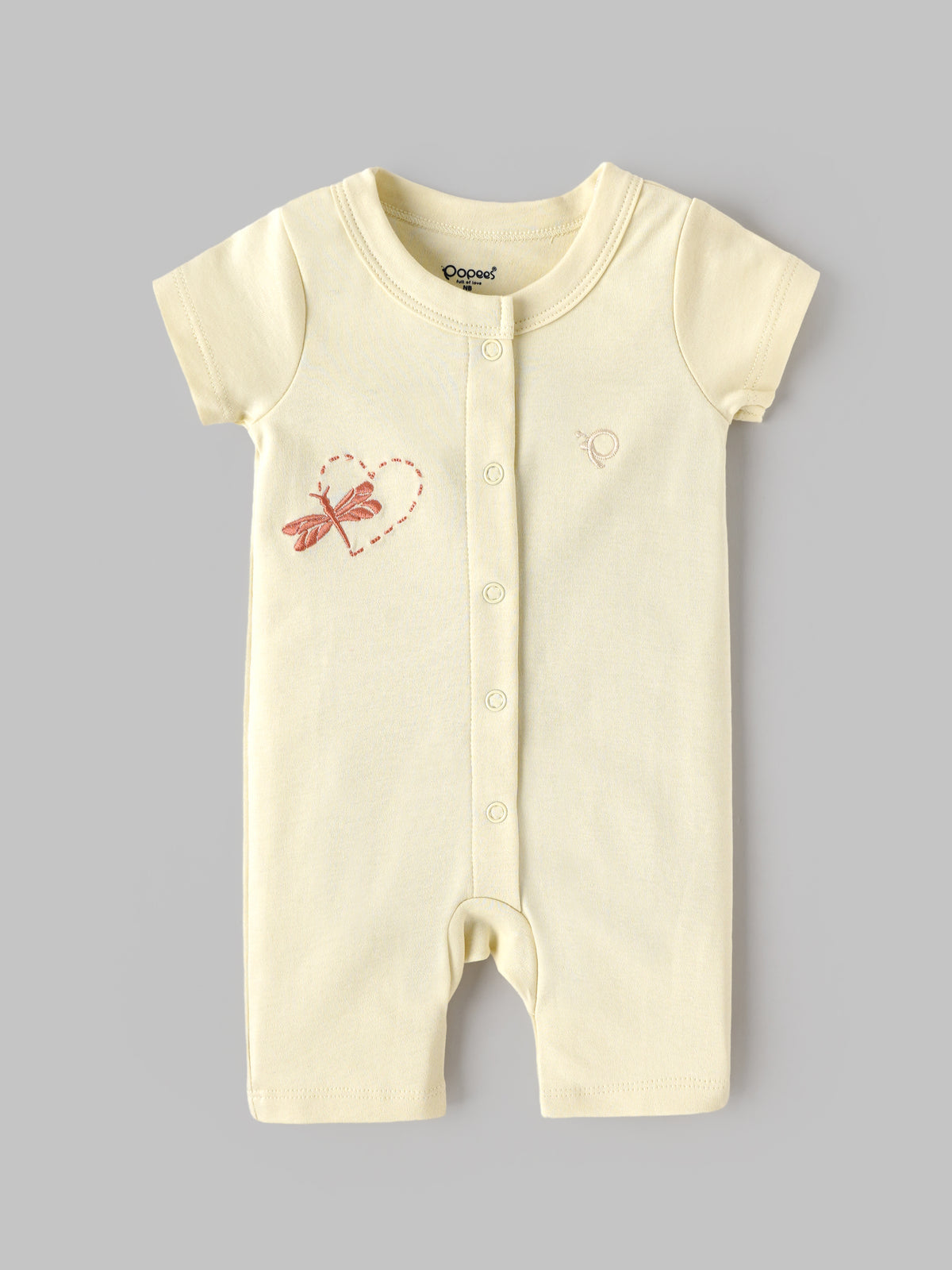 Popees Baby Unisex Soft & Comfortable Embroidered Romper | Cute Dragonfly Heart Embroidery Short Sleeve Baby Romper | Front Button Closure | Everyday Wear | NB-9 Months