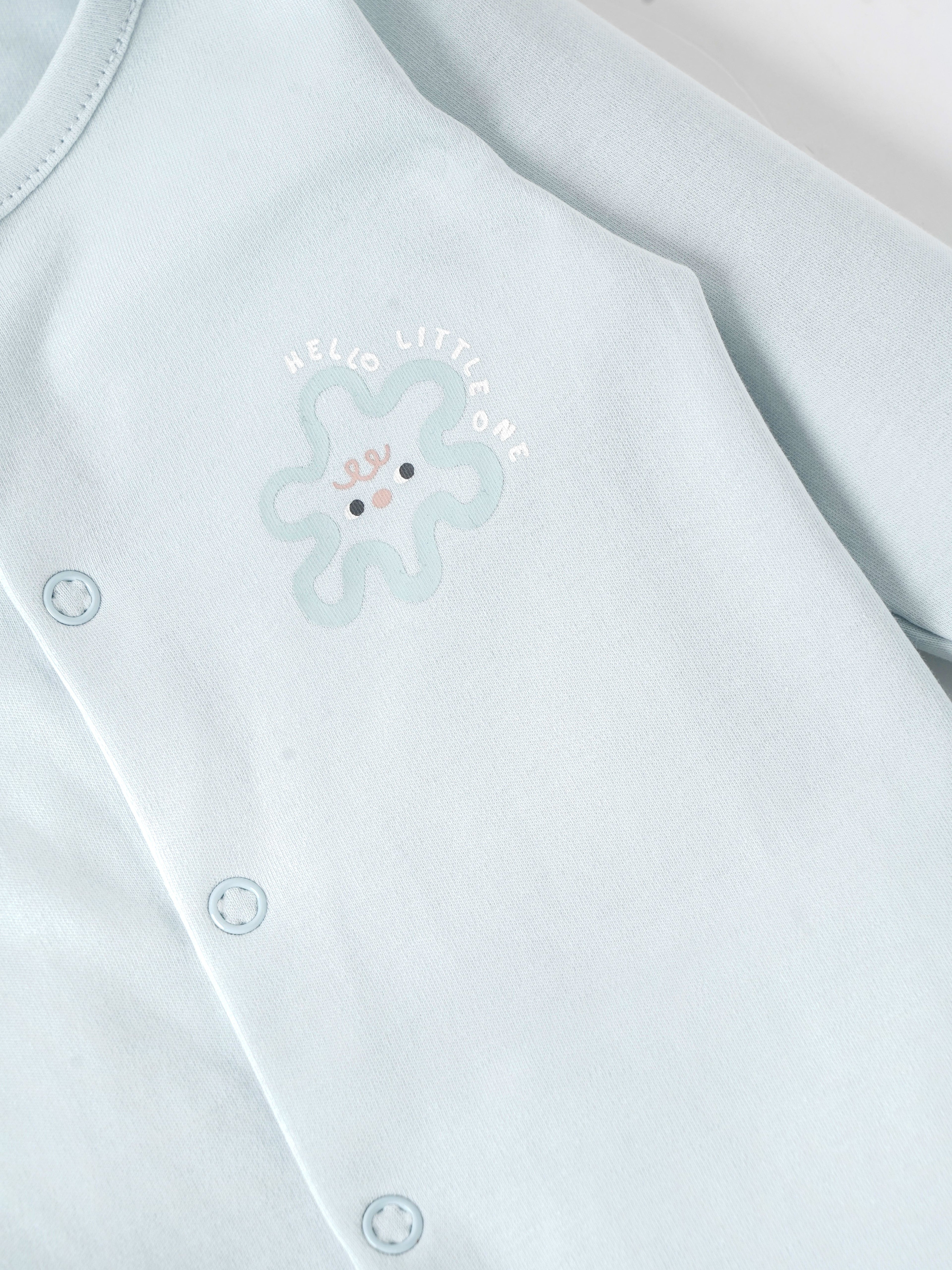 Popees Baby Unisex Cotton Footed Sleepsuit, Full Sleeve Light Blue Baby Grow with Snap Buttons |Tiny Baby, Newborn to 6 Months