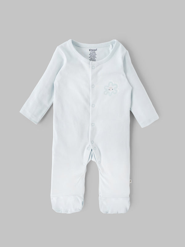 Popees Baby Unisex Cotton Footed Sleepsuit, Full Sleeve Light Blue Baby Grow with Snap Buttons |Tiny Baby, Newborn to 6 Months
