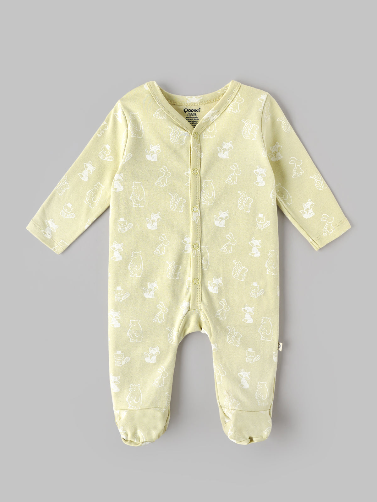 Popees Baby Unisex Soft Full Sleeve Printed Footed Romper | Cute Animal Print Baby Sleepsuit| NB–6 Months|