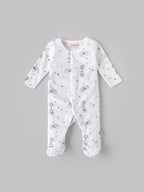 Popees Baby Unisex Printed Cotton Sleepsuit with Footed Design| White| Tiny Baby to 6 Months