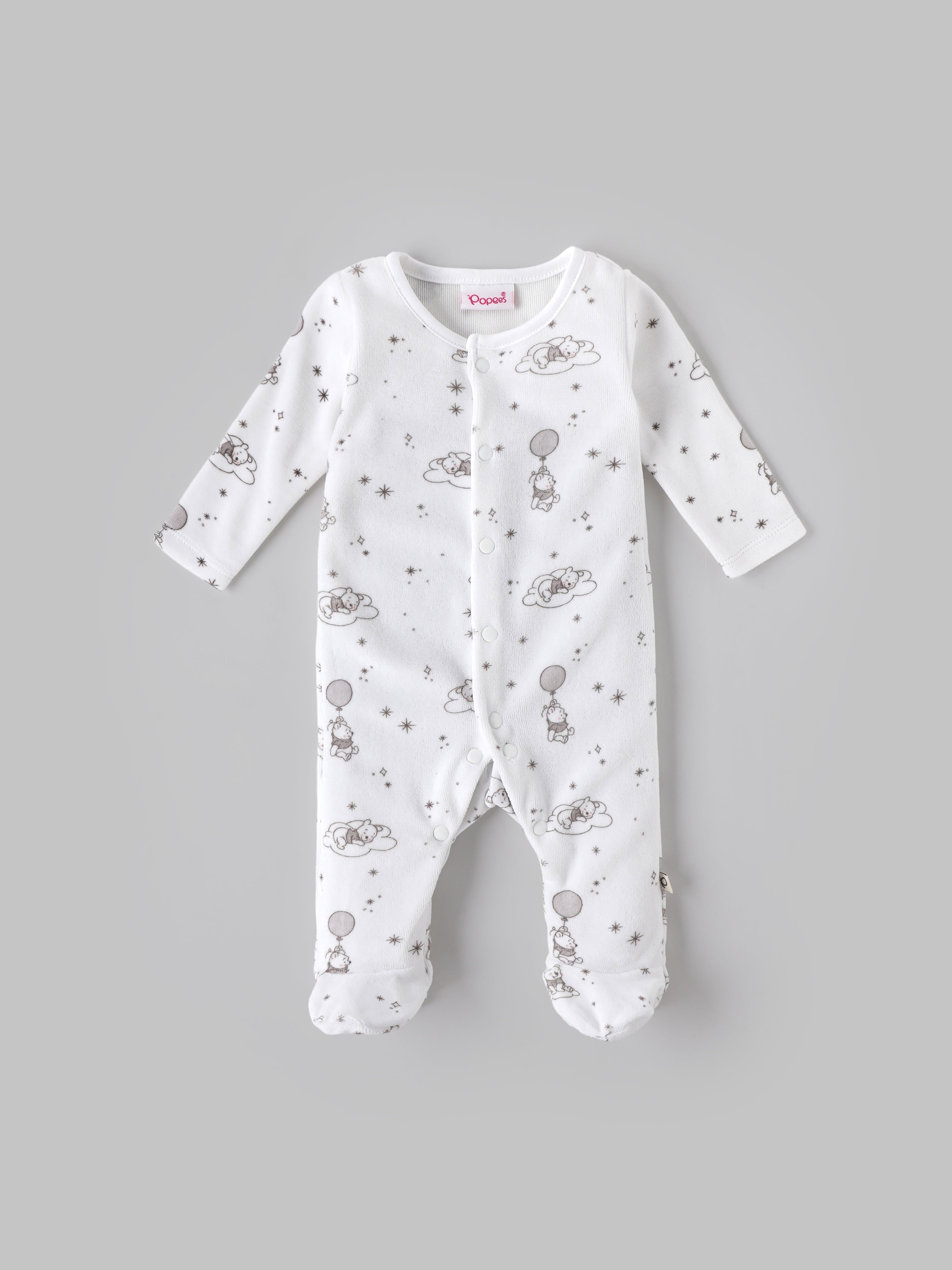 Popees Baby Unisex Printed Cotton Sleepsuit with Footed Design| White| Tiny Baby to 6 Months