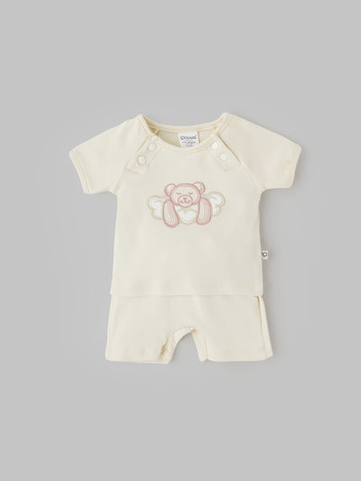 Popees Unisex Cotton Baby Coordinated Set with Adorable Teddy Bear Embroidery (0-9 Months)for Babies
