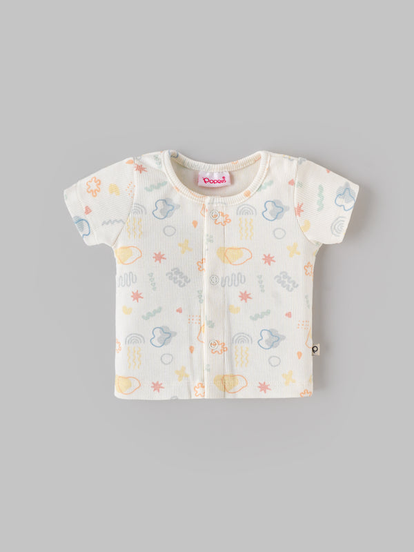 Popees Baby Short Sleeves Cotton Top| Off White| Tiny Baby To 6 Months