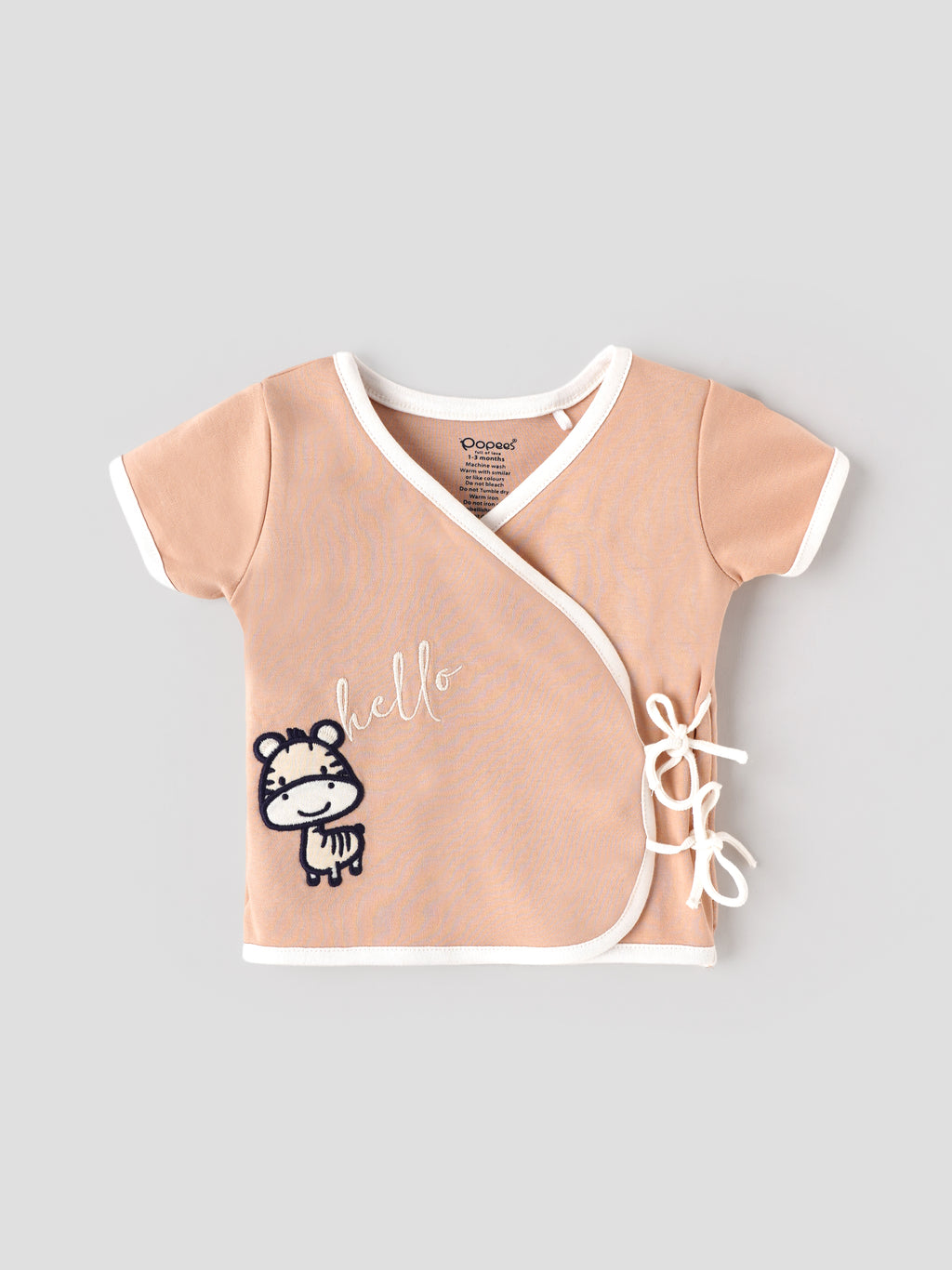 Popees Baby Unisex Peach Wrap Style Top with Cute Zebra Embroidery & Tie-Up Closure | 0-9 Months