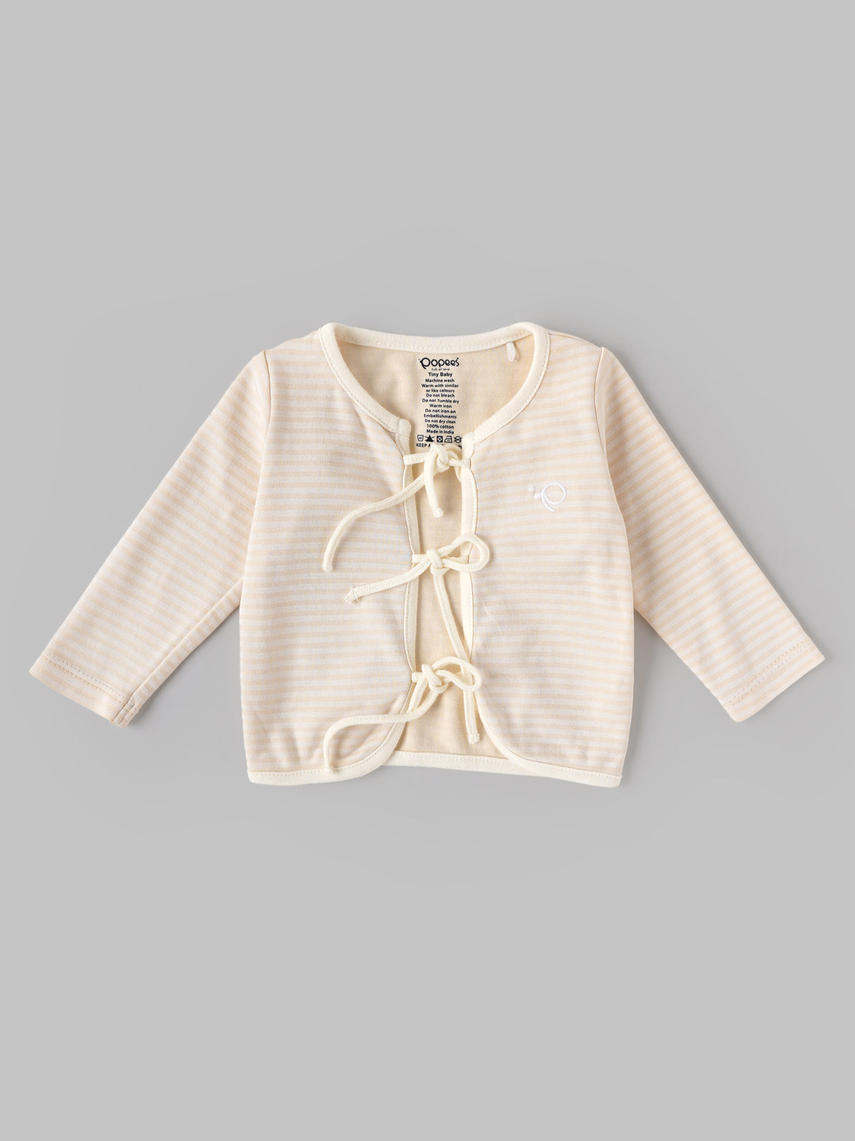 Popees Baby Unisex Striped Cotton Tie-Up Top | Soft Full Sleeve Newborn Wrap Top | Cream | 0–9 Months - Tiny Baby