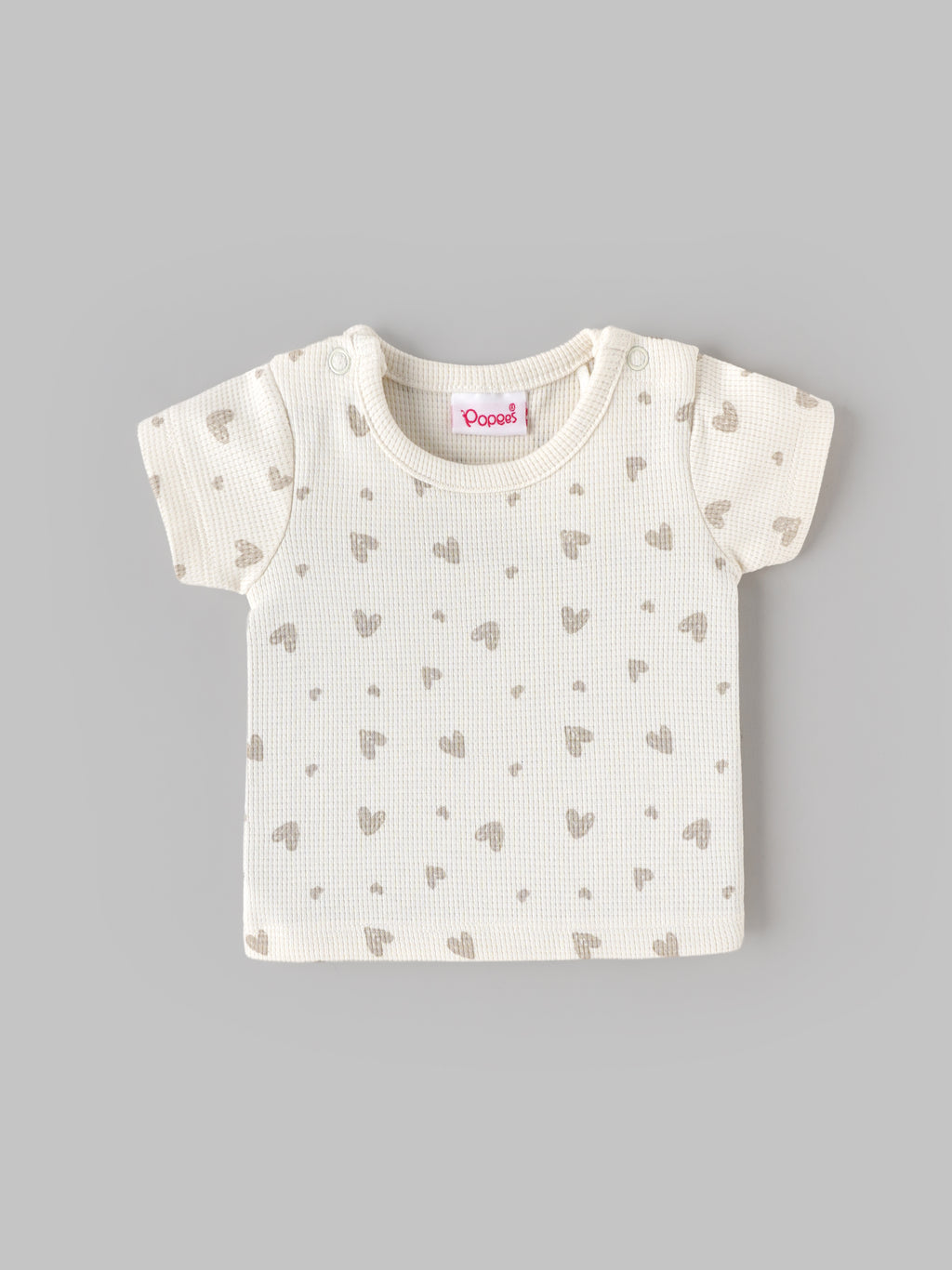 Popees Baby Unisex Cream Printed Half Sleeve T-Shirt | Cute Heart Print Top| 0-9 Months