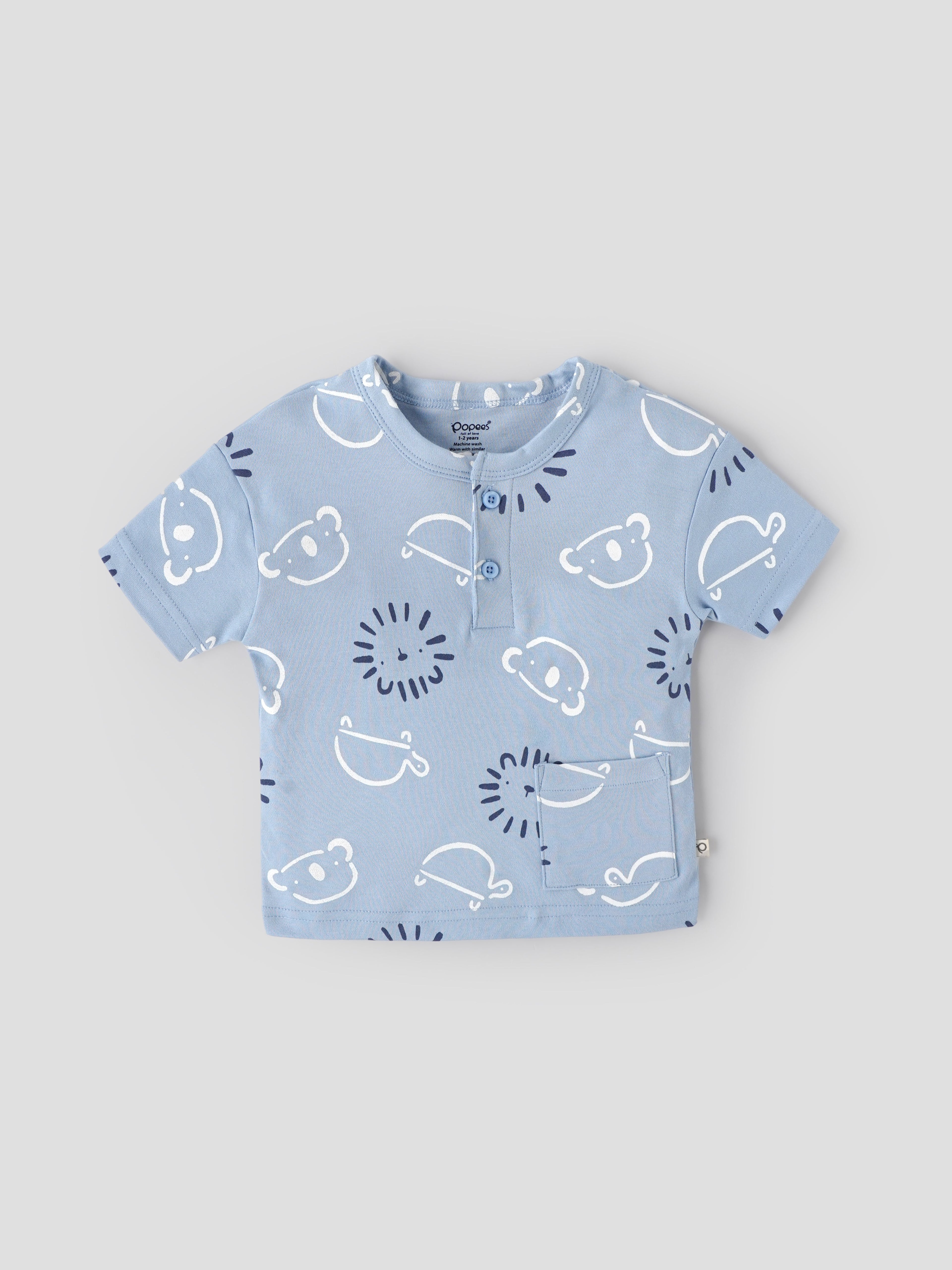 Popees Baby Boys Printed Cotton Henley T-Shirt|Light Blue Short Sleeve Top with Pocket (9 Months–4 Years)