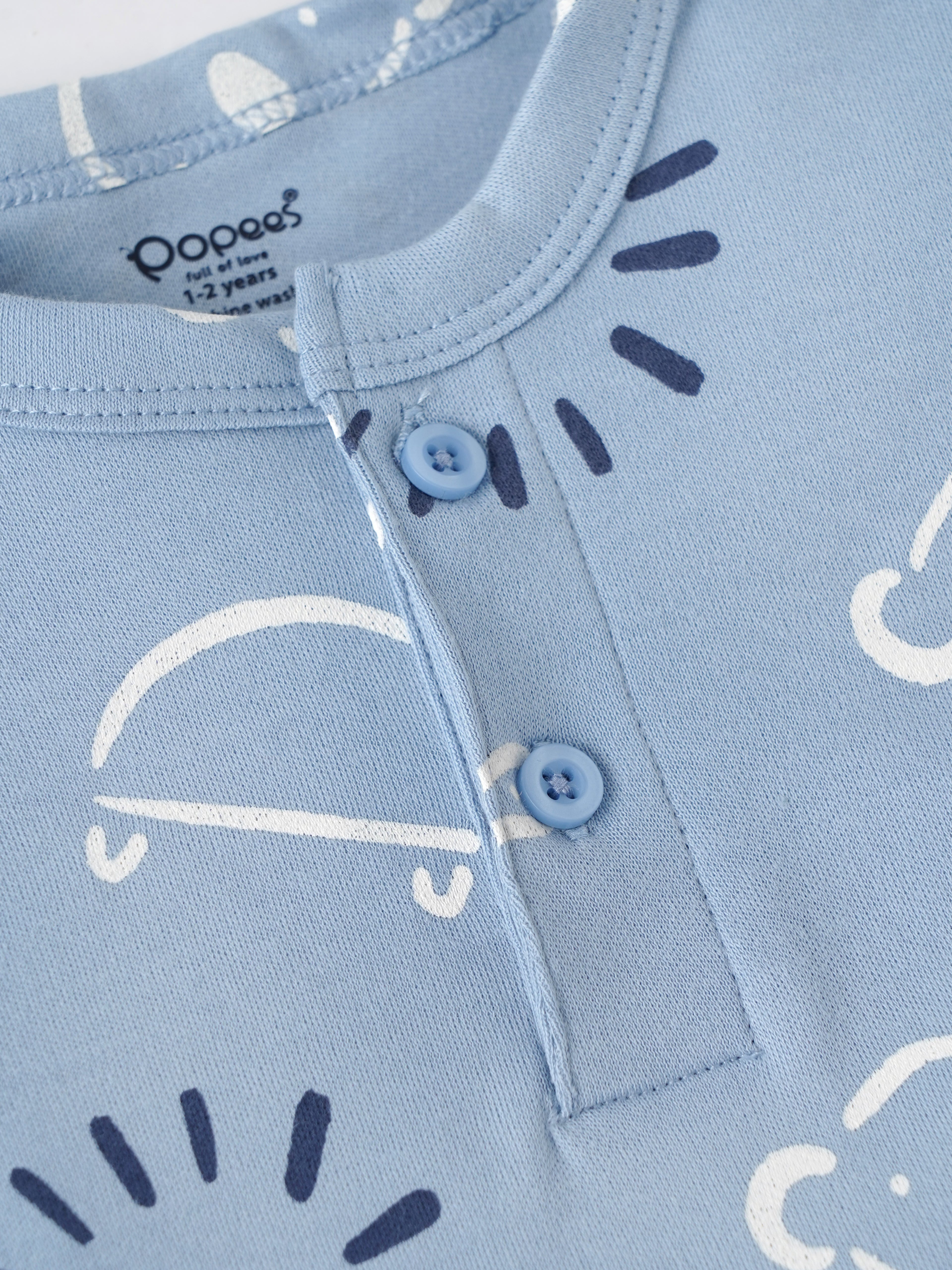 Popees Baby Boys Printed Cotton Henley T-Shirt|Light Blue Short Sleeve Top with Pocket (9 Months–4 Years)