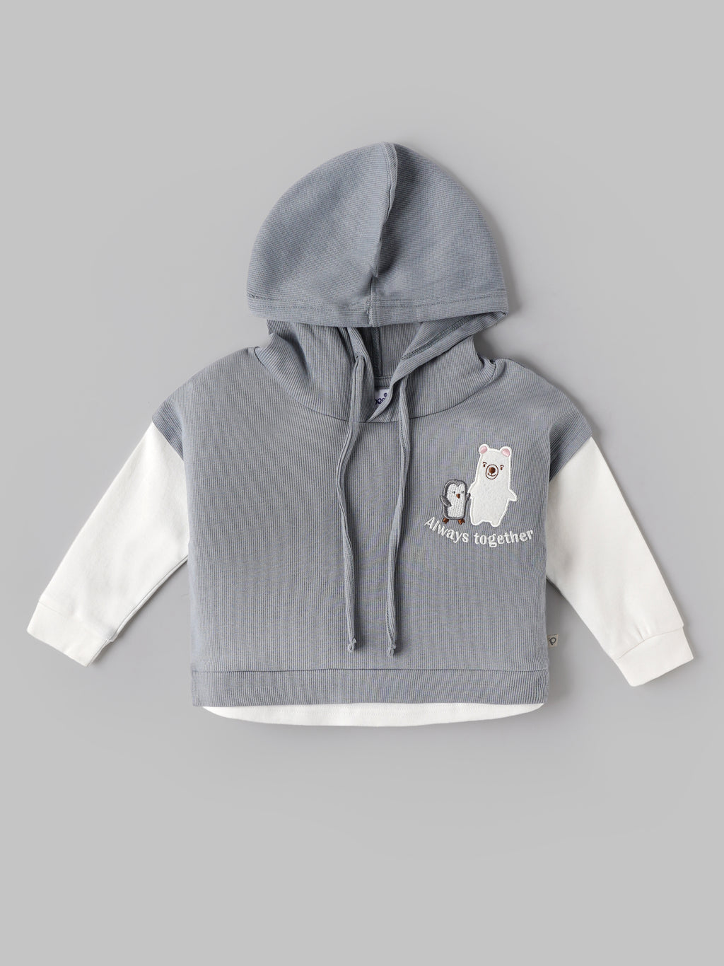 Popees Baby Boys Hooded Sweatshirt | Soft Full Sleeve Cotton Hoodie with Embroidery | Grey & White | 9 Months - 4 Years