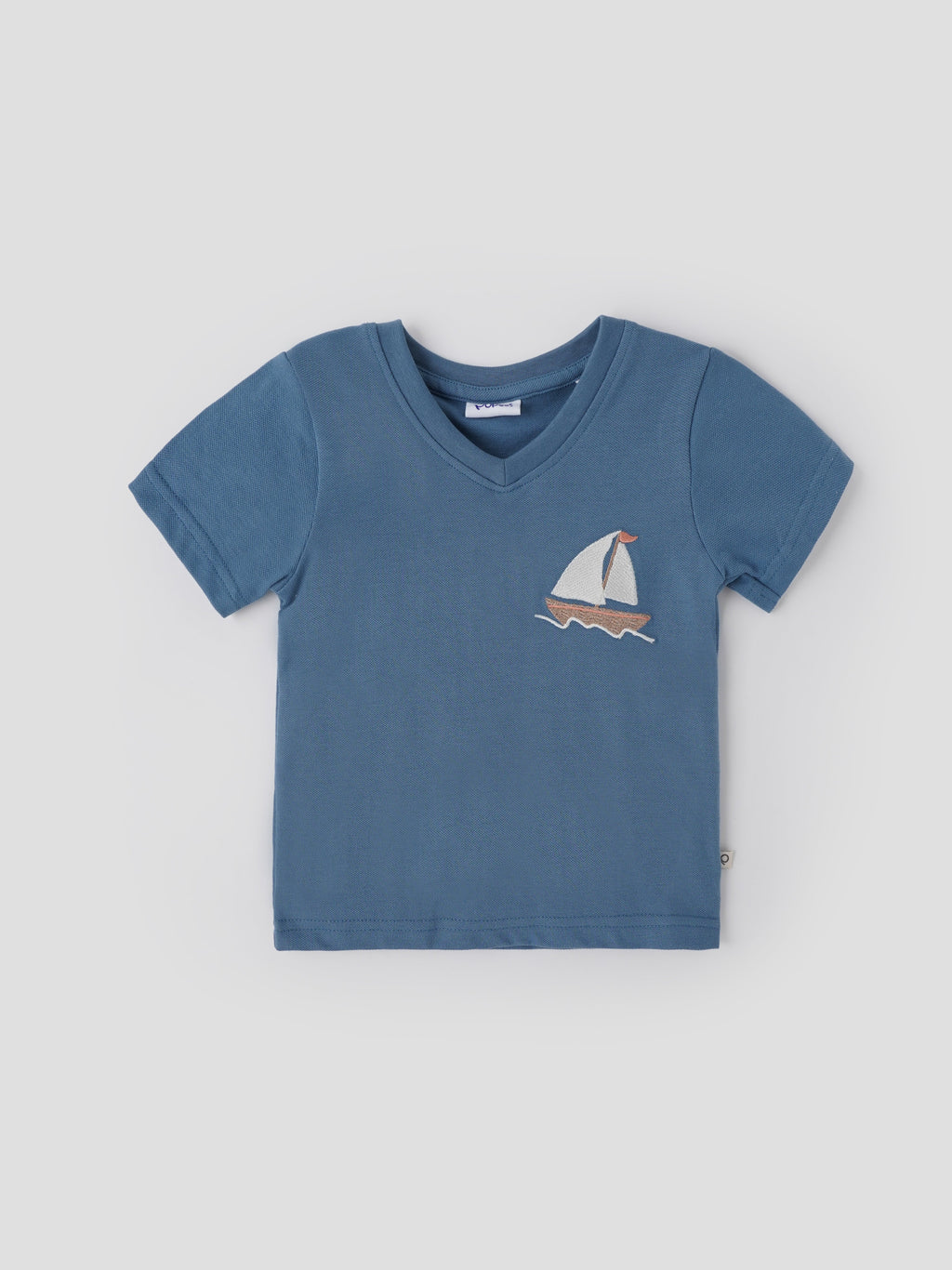 Popees Boys Sailboat Embroidered Cotton T-Shirt |Dusty Blue V-Neck Casual Wear| 9 Months–4 Years