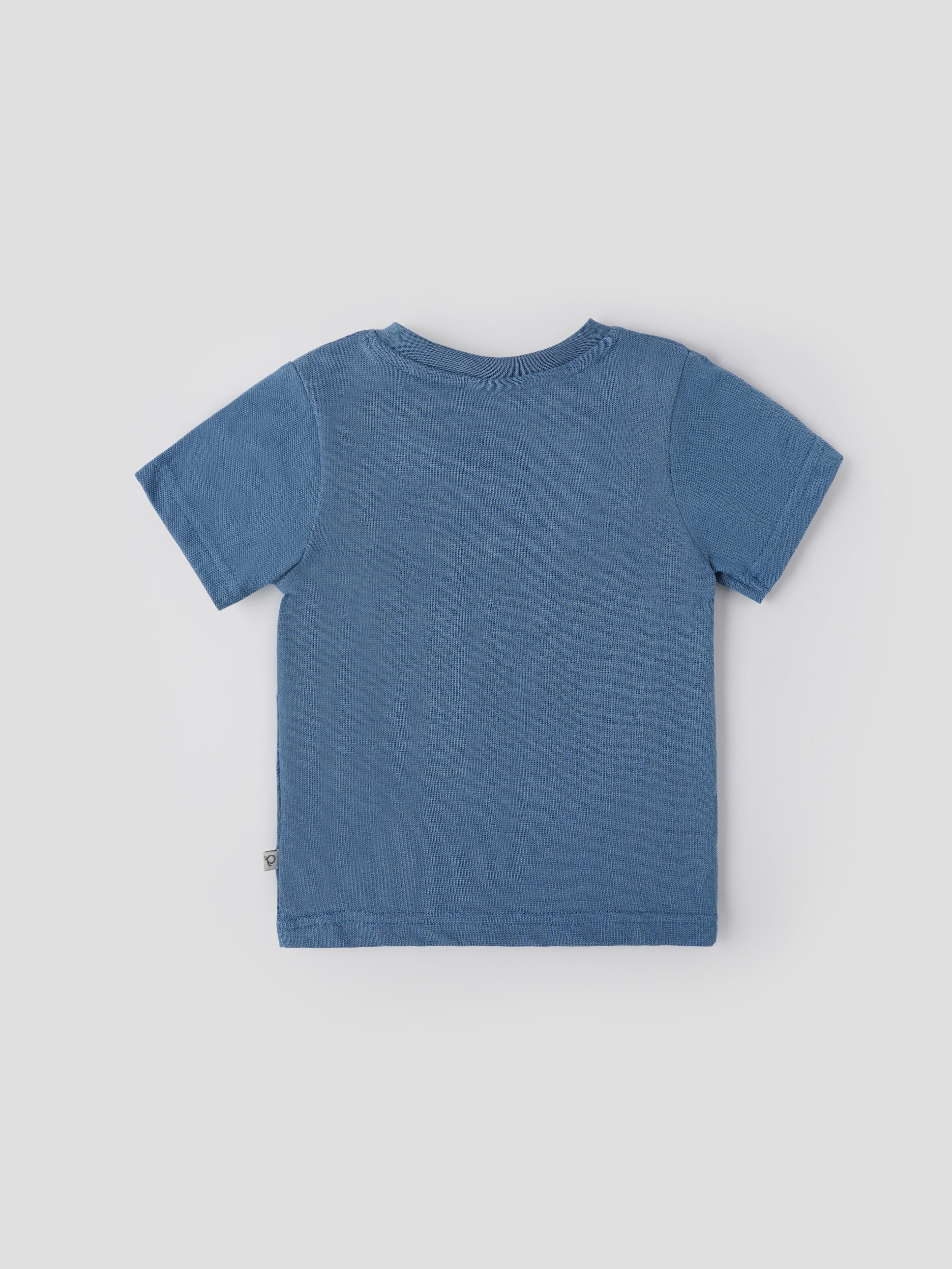Popees Boys Sailboat Embroidered Cotton T-Shirt |Dusty Blue V-Neck Casual Wear| 9 Months–4 Years