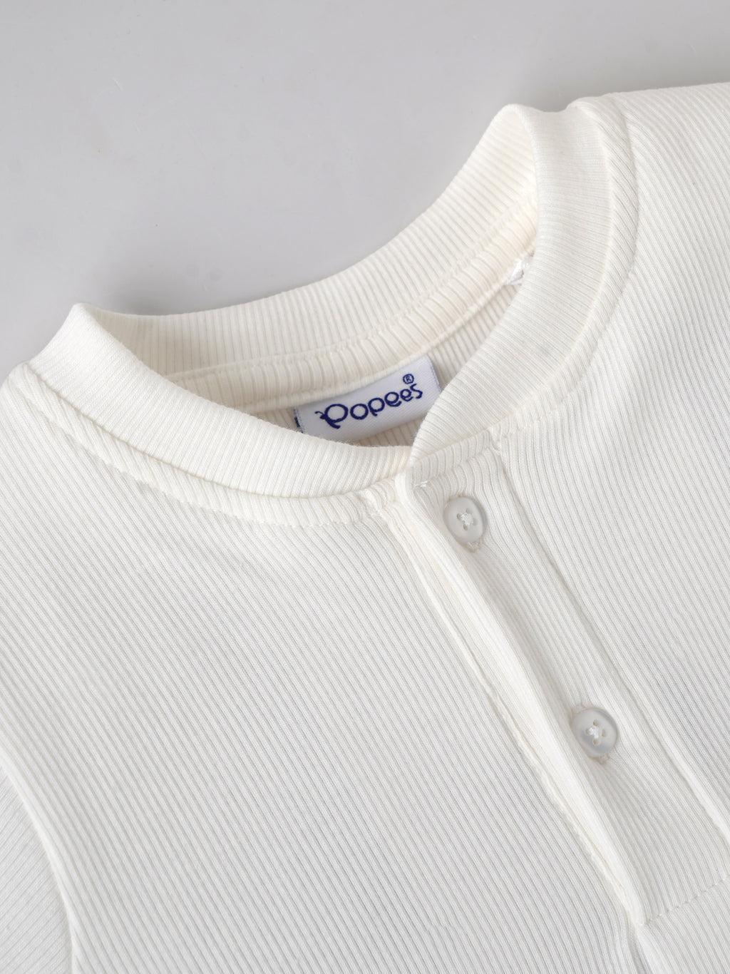 Popees Baby Boys Ribbed Henley T-Shirt with Embroidery| White| 9 Months To 4 Years