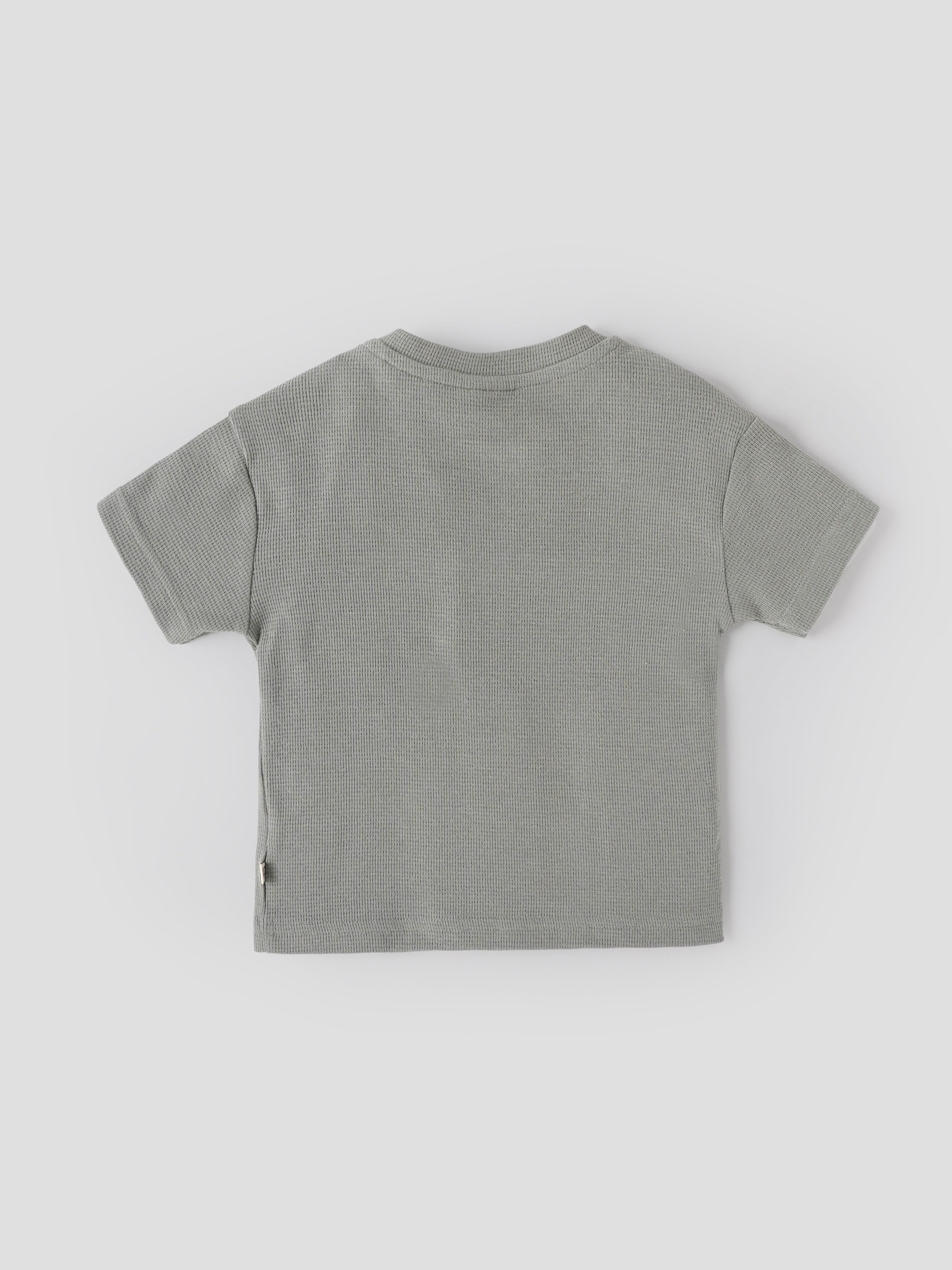 Popees Baby Boys Sage Green Waffle Cotton Henley T-Shirt |Embroidered Patch Short Sleeve Top |9 Months–4 Years