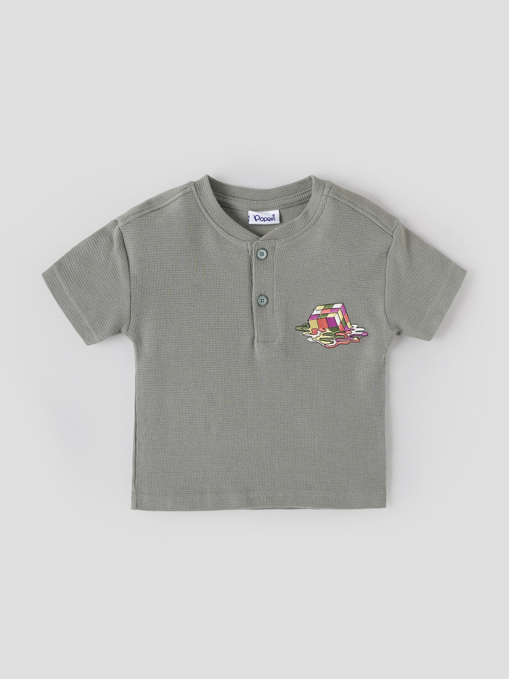 Popees Baby Boys Sage Green Waffle Cotton Henley T-Shirt |Embroidered Patch Short Sleeve Top |9 Months–4 Years
