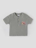 Popees Baby Boys Sage Green Waffle Cotton Henley T-Shirt |Embroidered Patch Short Sleeve Top |9 Months–4 Years