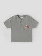 Popees Baby Boys Sage Green Waffle Cotton Henley T-Shirt |Embroidered Patch Short Sleeve Top |9 Months–4 Years