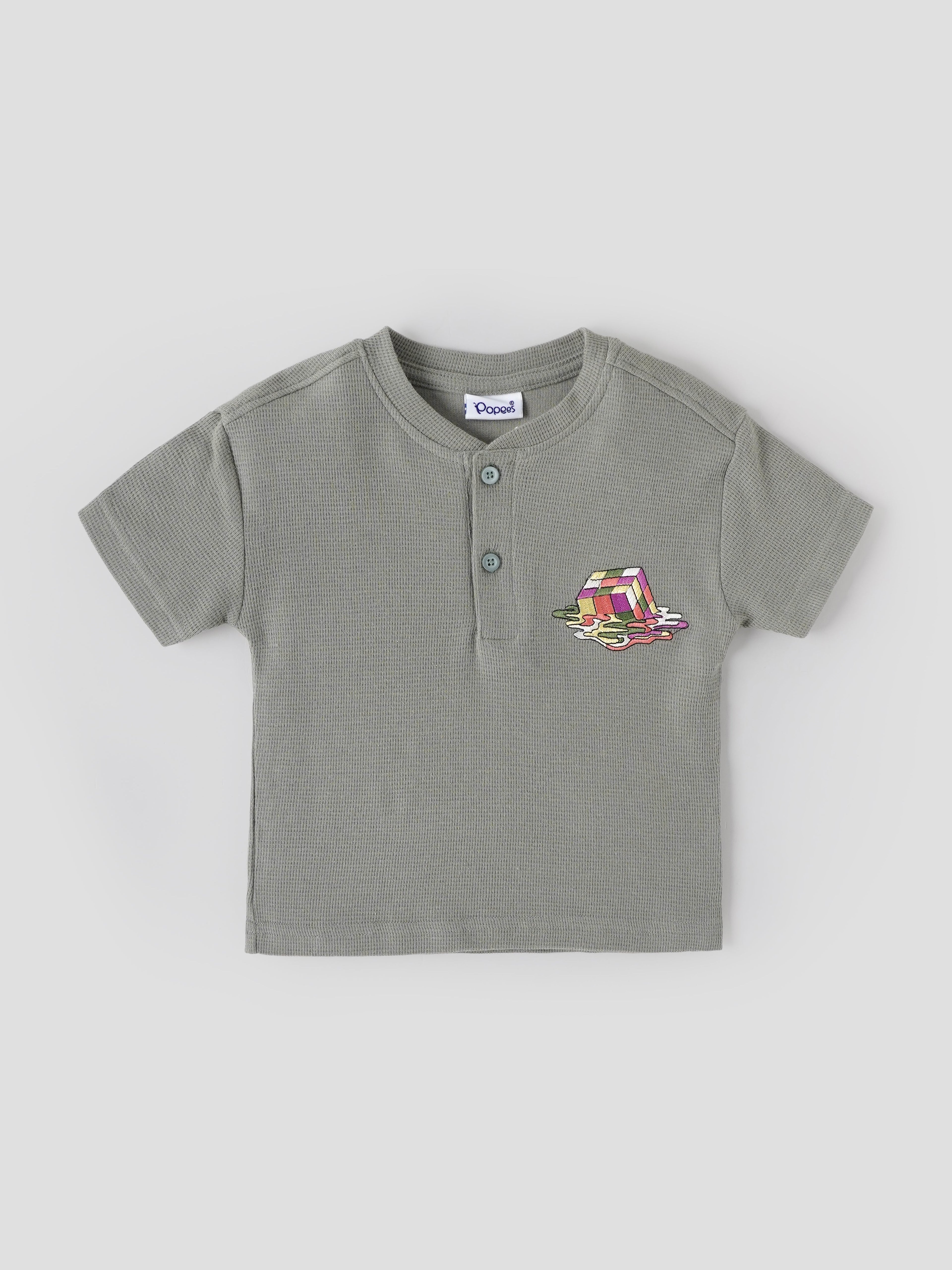 Popees Baby Boys Sage Green Waffle Cotton Henley T-Shirt |Embroidered Patch Short Sleeve Top |9 Months–4 Years