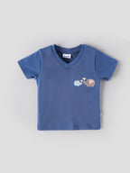Popees Baby Boys Cotton T-Shirt | Blue Elephant Embroidery V-Neck Tee | 9 Month - 4 Year