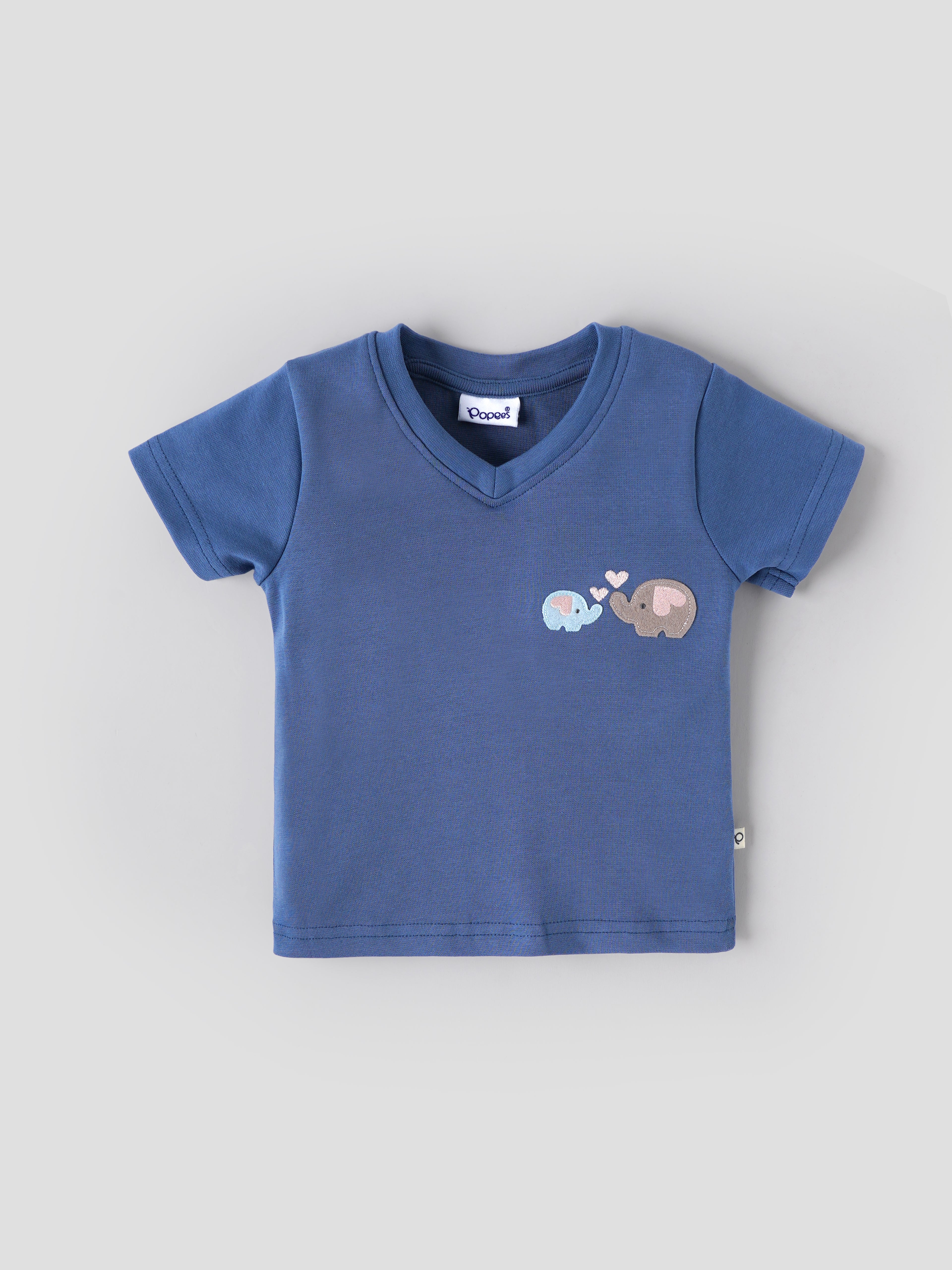 Popees Baby Boys Cotton T-Shirt | Blue Elephant Embroidery V-Neck Tee | 9 Month - 4 Year