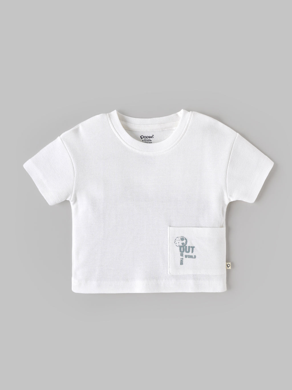 Popees Baby Boys White Textured Short Sleeve T-Shirt with Printed Pocket Detail | 9 Month - 4 Year