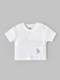 Popees Baby Boys White Textured Short Sleeve T-Shirt with Printed Pocket Detail | 9 Month - 4 Year