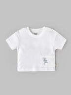Popees Baby Boys White Textured Short Sleeve T-Shirt with Printed Pocket Detail | 9 Month - 4 Year