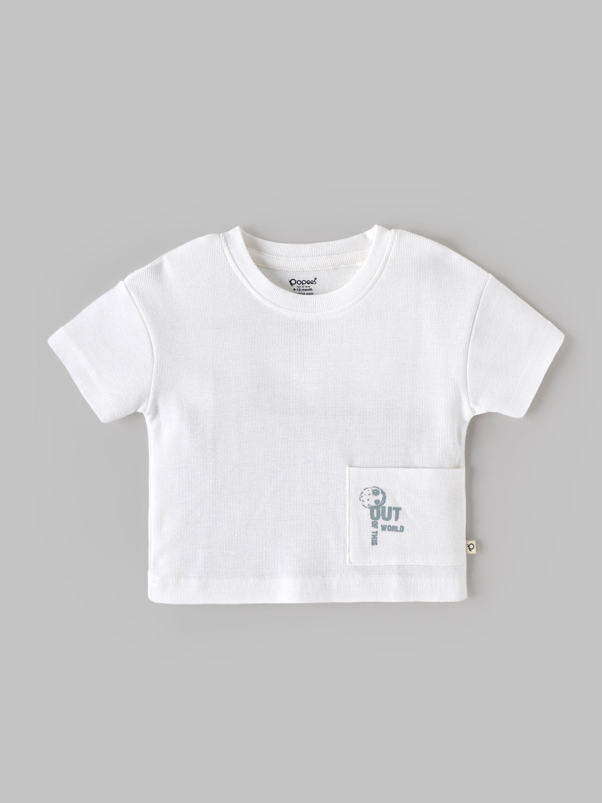 Popees Baby Boys White Textured Short Sleeve T-Shirt with Printed Pocket Detail | 9 Month - 4 Year