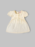 Popees Baby Girls Soft Cotton Puff Sleeve Gathered Dress with Back Button Closure| 9 Months–4 Years