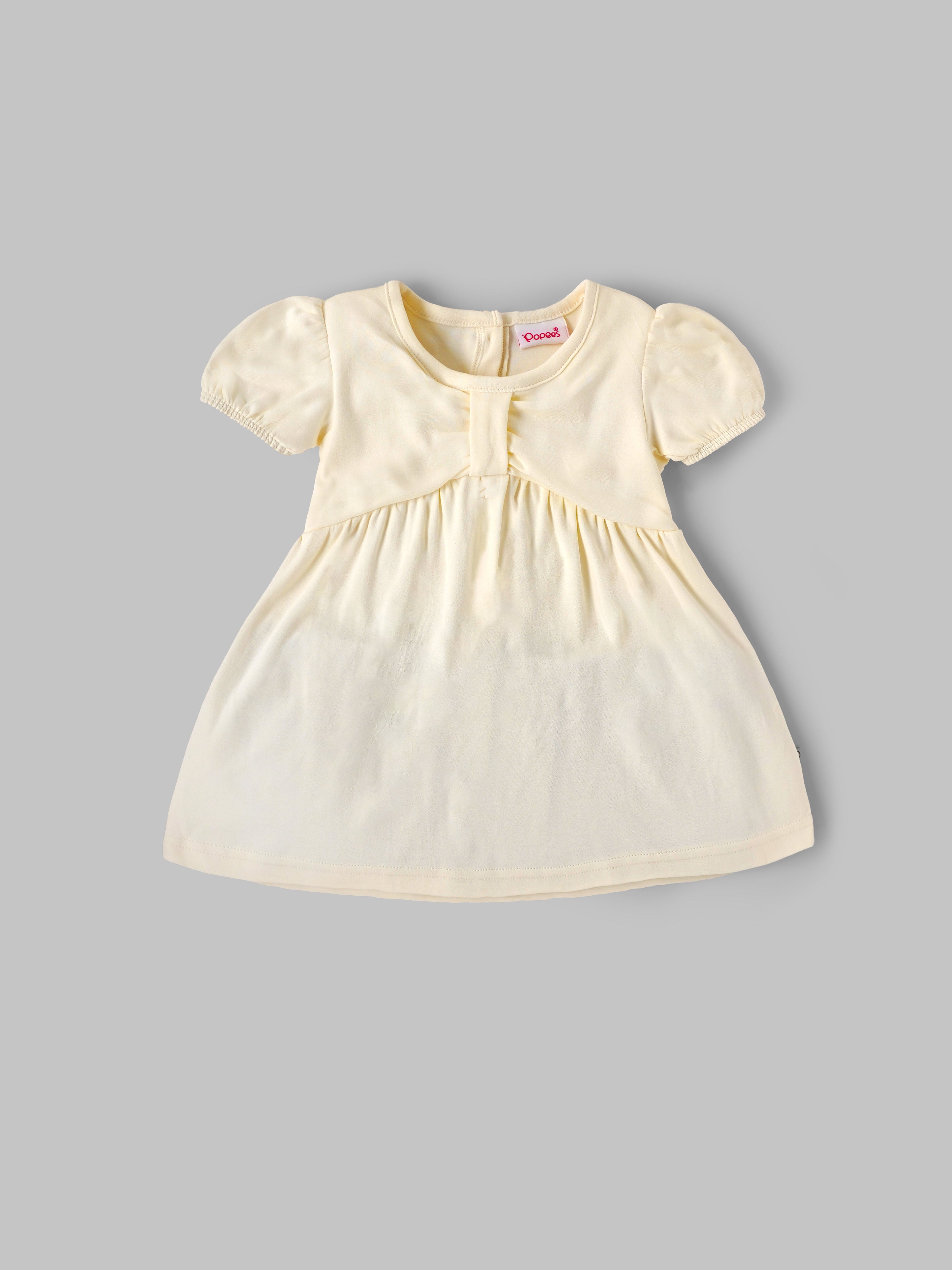 Popees Baby Girls Soft Cotton Puff Sleeve Gathered Dress with Back Button Closure| 9 Months–4 Years