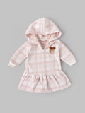 Popees Baby Girls Hooded Fleece Dress with Bear Embroidery |Full Sleeve Winter Plaid Outfit (9 Months–4 Years)