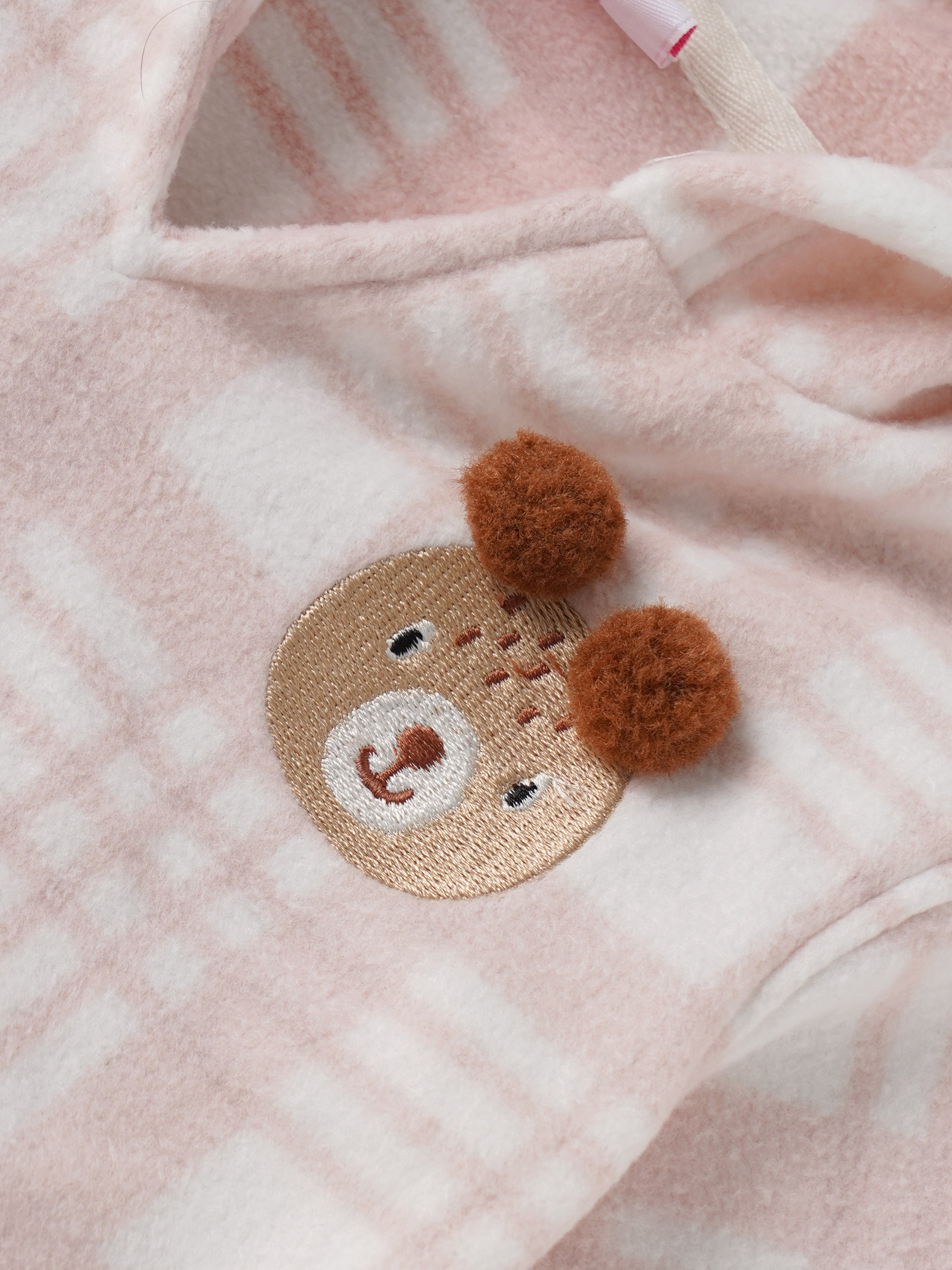Popees Baby Girls Hooded Fleece Dress with Bear Embroidery |Full Sleeve Winter Plaid Outfit (9 Months–4 Years)