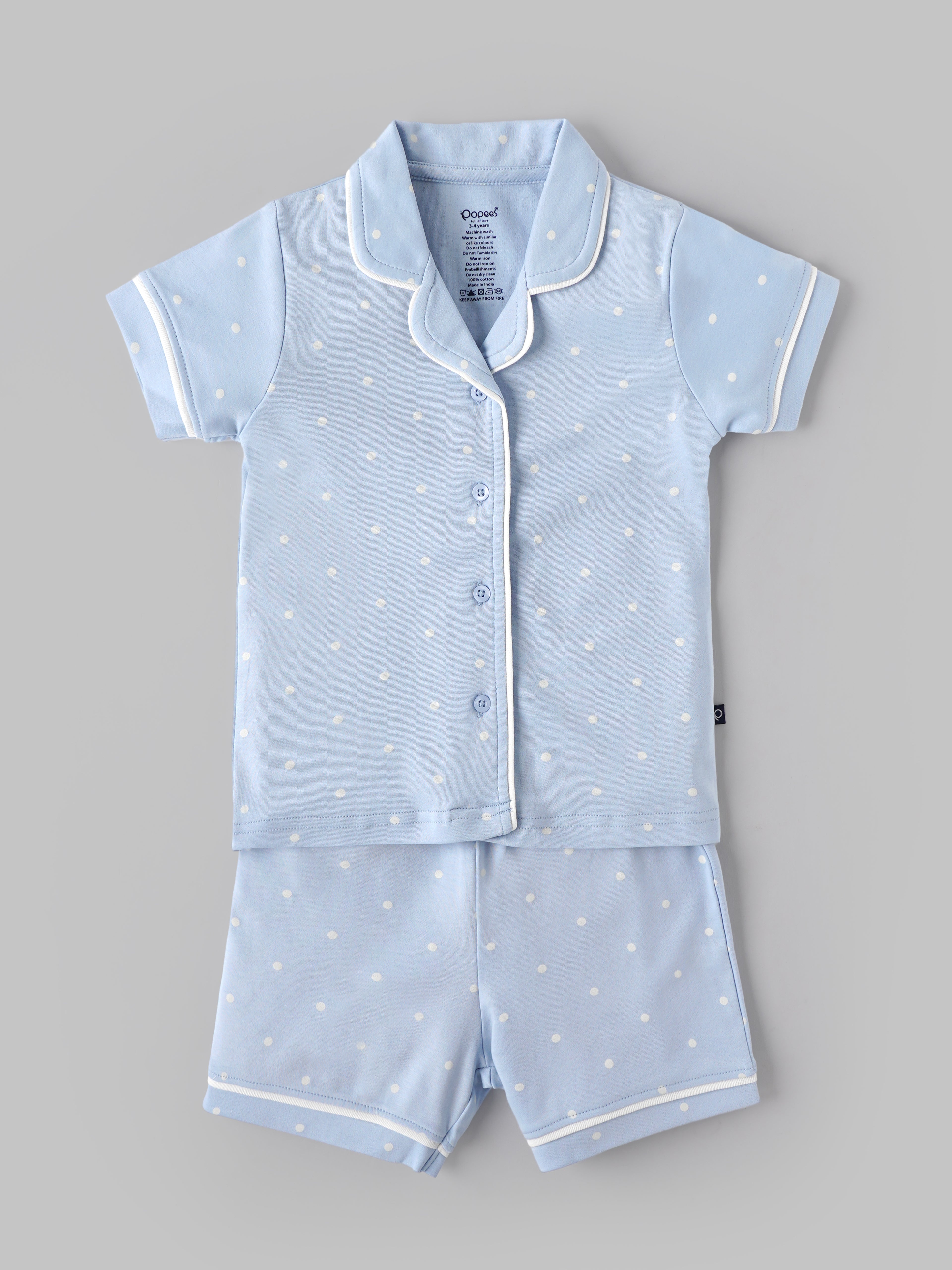 Popees Baby Girls Polka Dot Cotton Night Suit Set | Blue Half Sleeve Button-Down Top & Shorts Co-Ord Sleepwear | 9 Months–4 Years