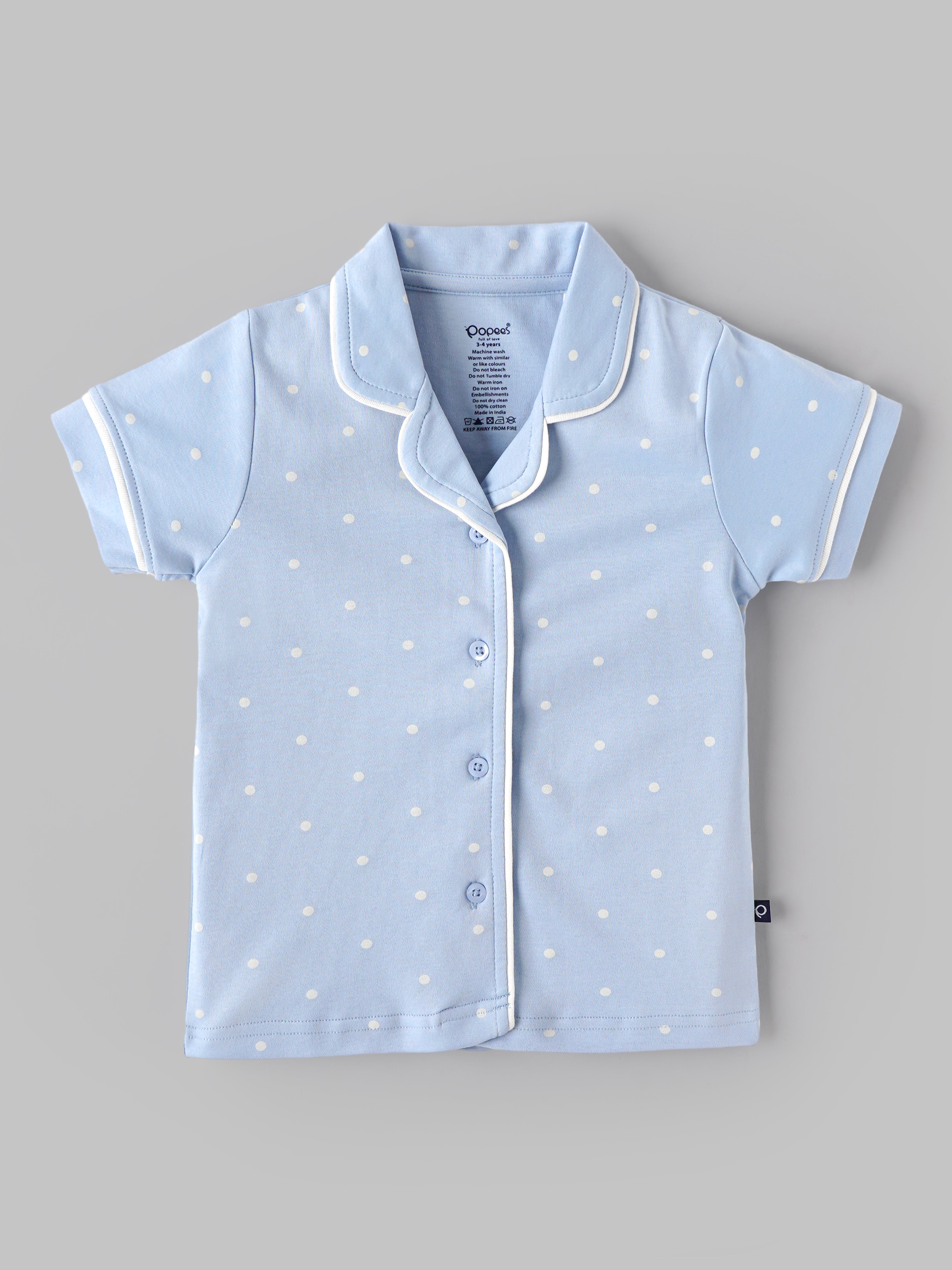 Popees Baby Girls Polka Dot Cotton Night Suit Set | Blue Half Sleeve Button-Down Top & Shorts Co-Ord Sleepwear | 9 Months–4 Years