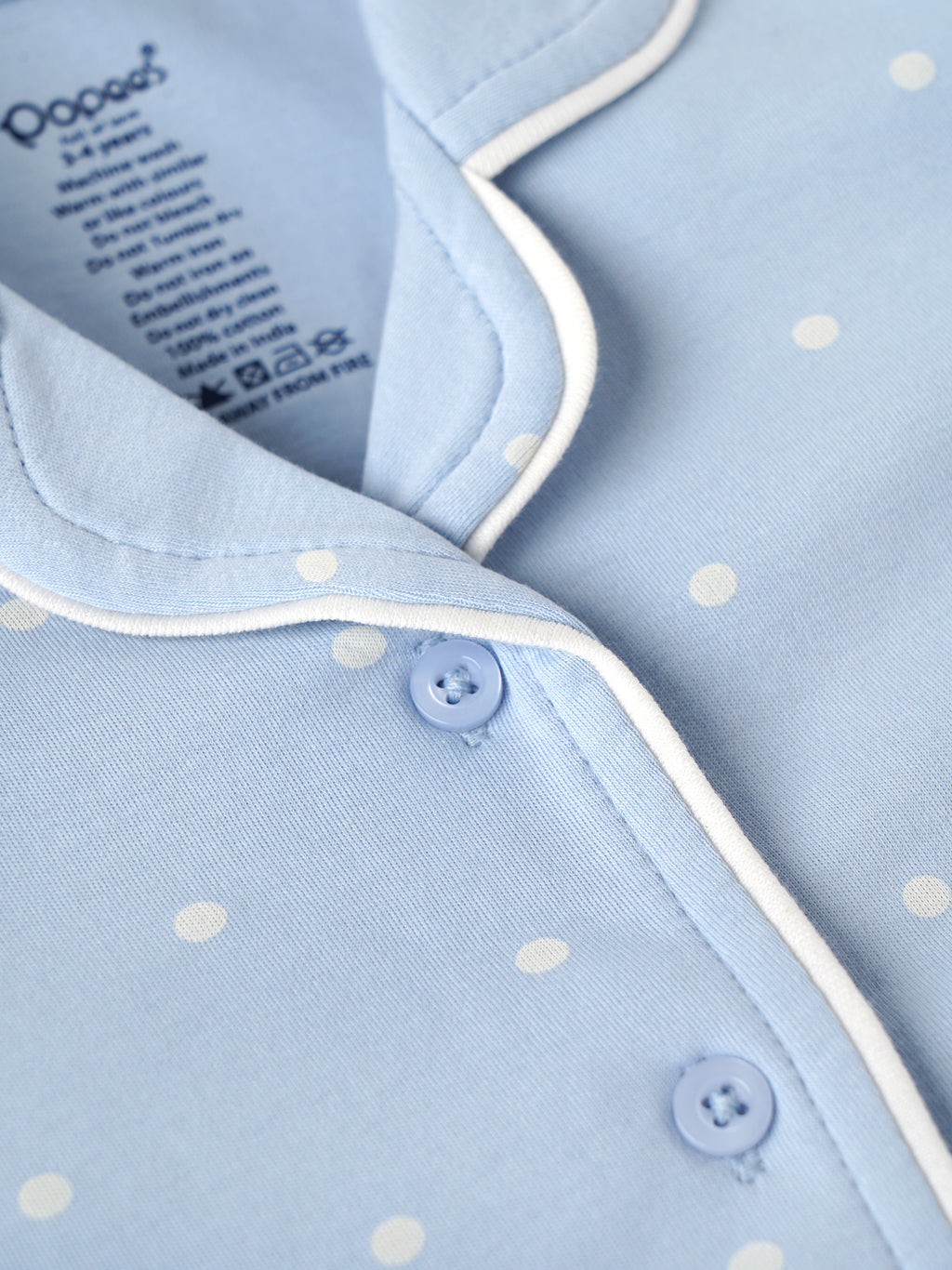 Popees Baby Girls Polka Dot Cotton Night Suit Set | Blue Half Sleeve Button-Down Top & Shorts Co-Ord Sleepwear | 9 Months–4 Years