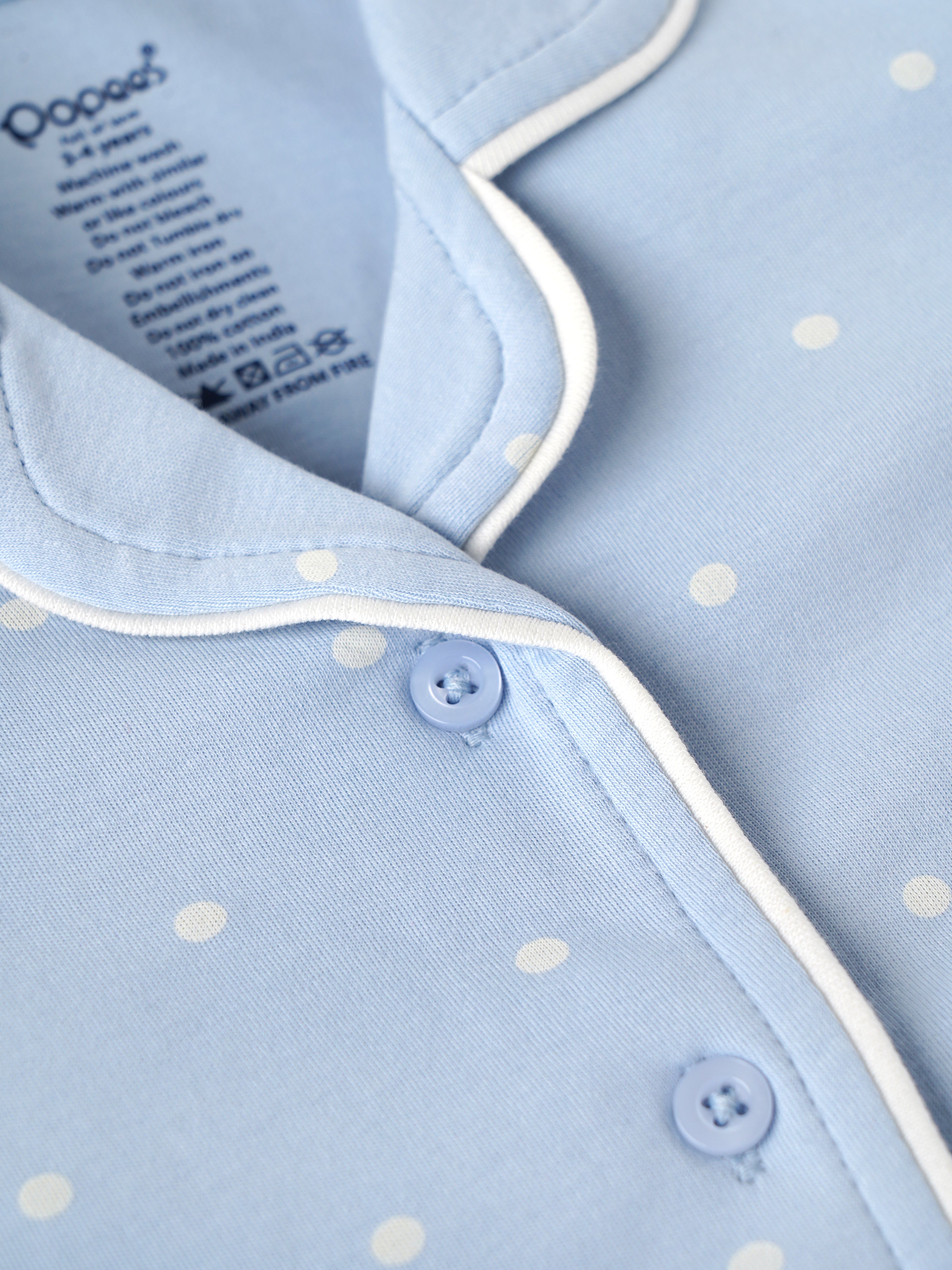 Popees Baby Girls Polka Dot Cotton Night Suit Set | Blue Half Sleeve Button-Down Top & Shorts Co-Ord Sleepwear | 9 Months–4 Years