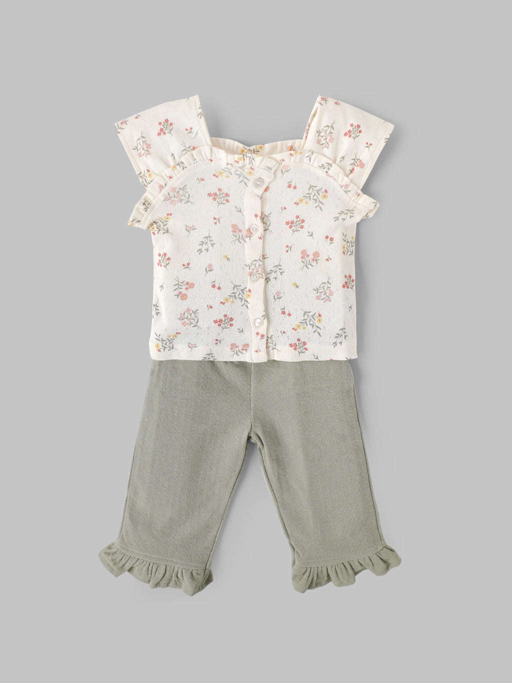 Popees Baby Girls Floral Top & Ribbed Pant Set| Sage Green| 9 Months to 4 Years
