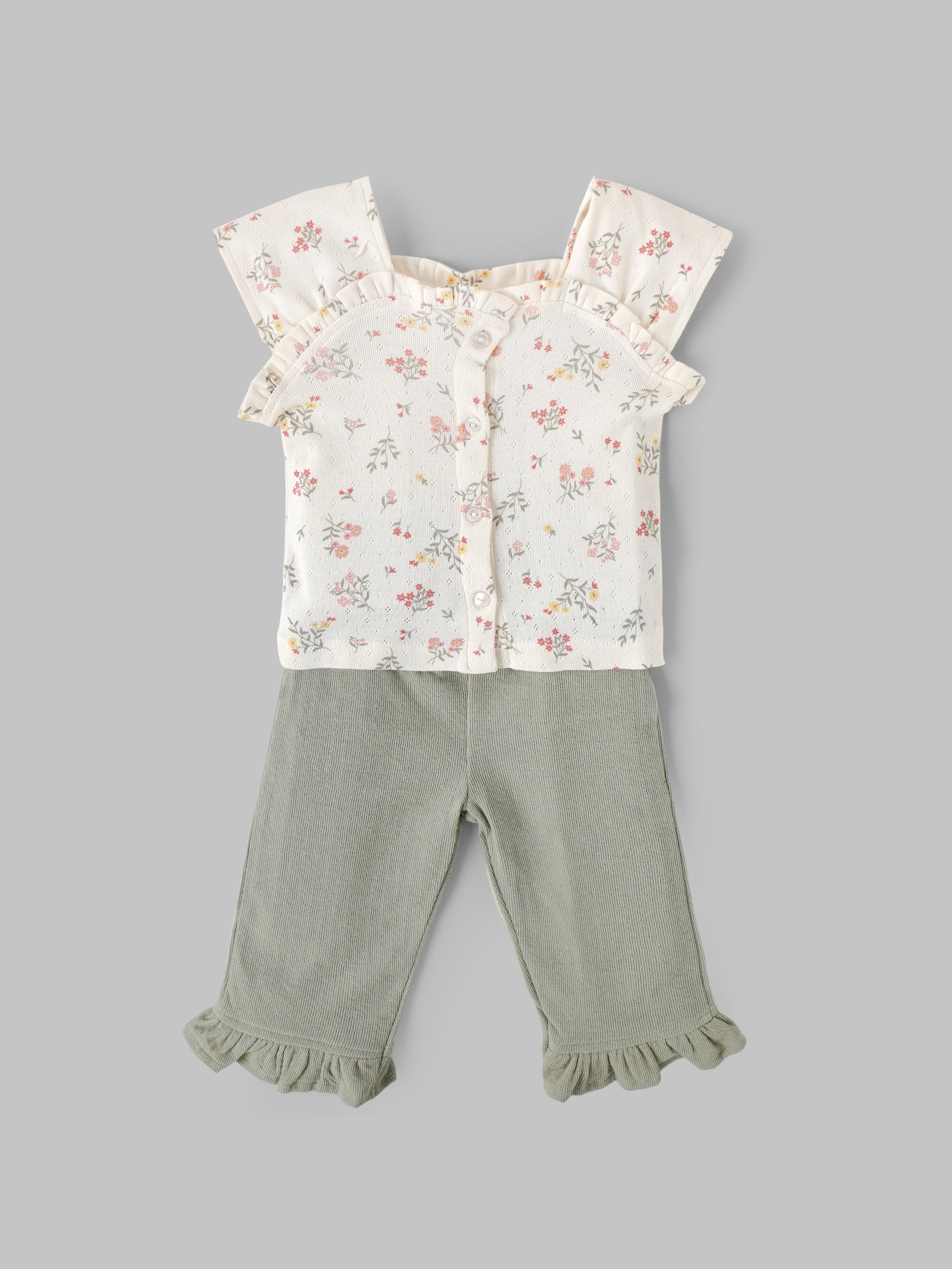 Popees Baby Girls Floral Top & Ribbed Pant Set| Sage Green| 9 Months to 4 Years