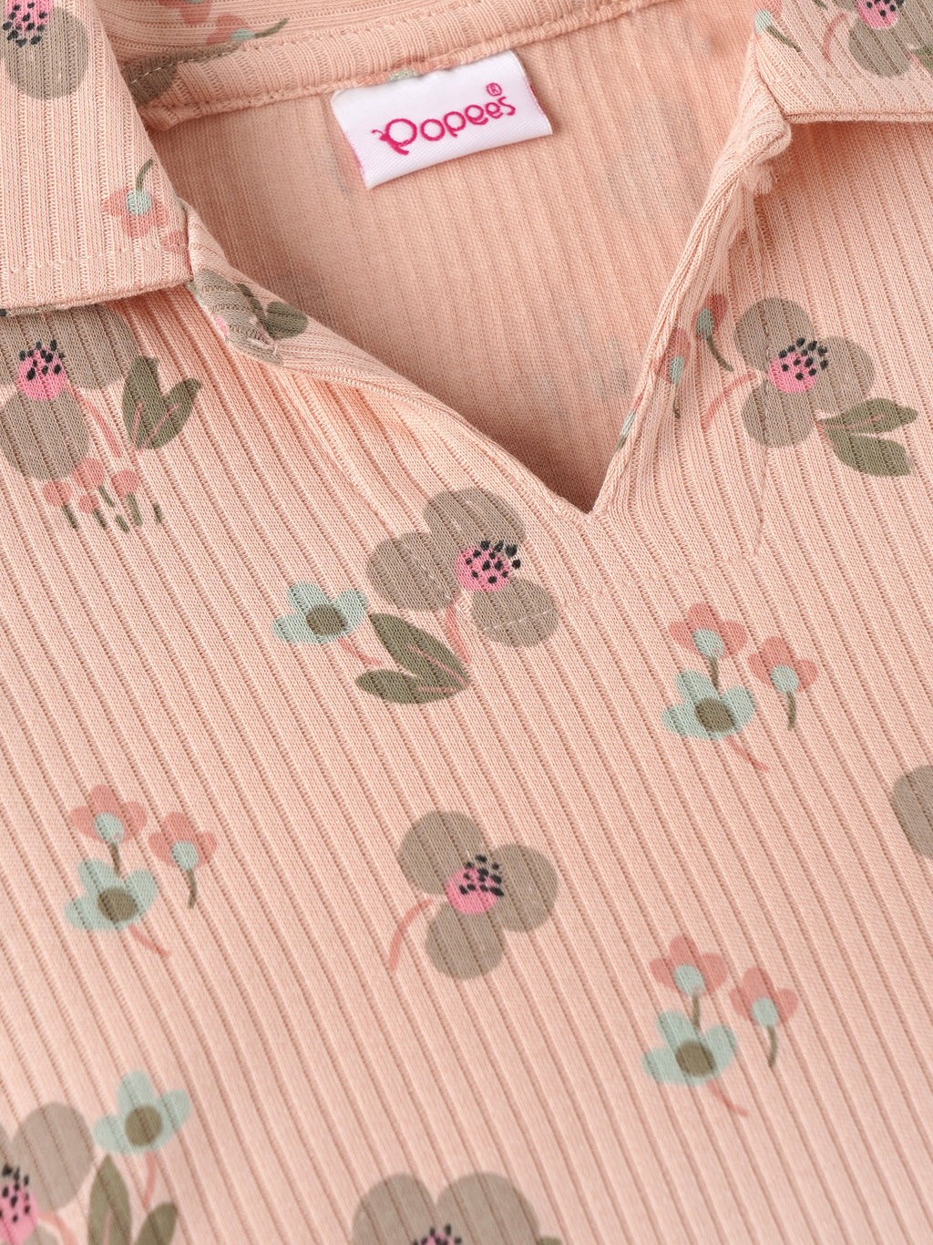 Popees Baby Girls Floral Print Ribbed Half Sleeve Collared Top| 9M–4Y