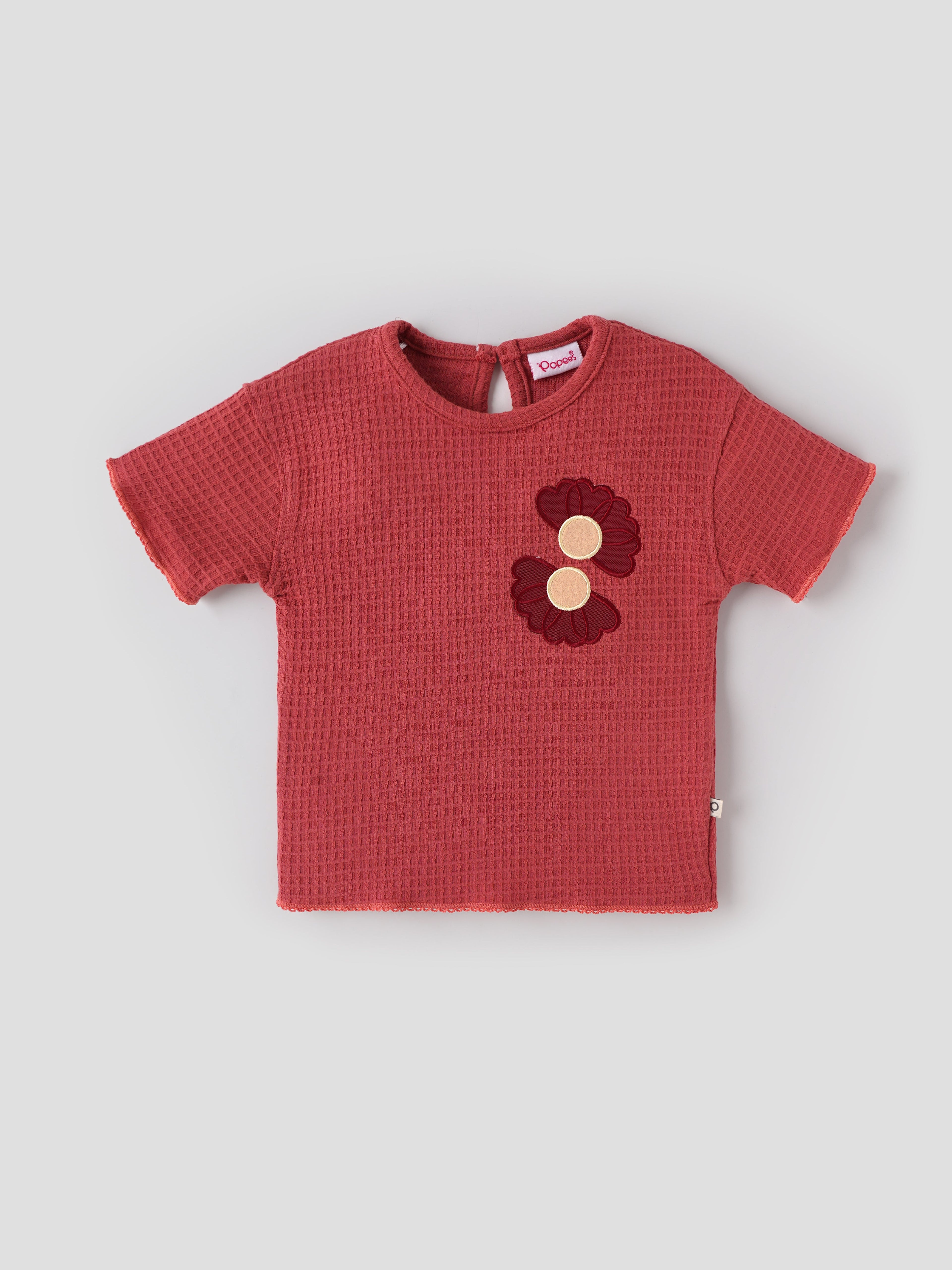 Popees Baby Girls T-Shirt with Floral Patch| Rust Red| 9 Months to 4 Years