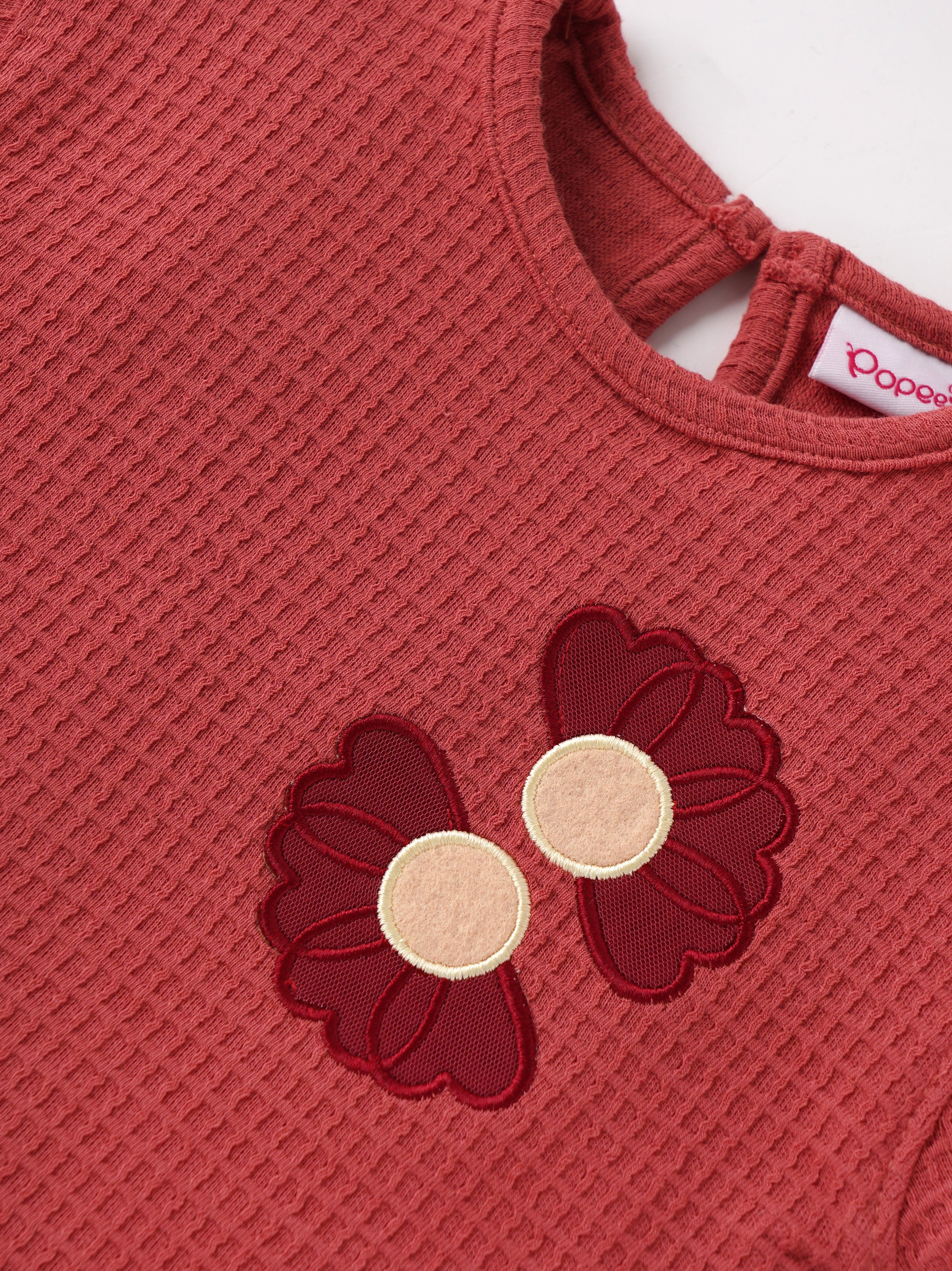 Popees Baby Girls T-Shirt with Floral Patch| Rust Red| 9 Months to 4 Years