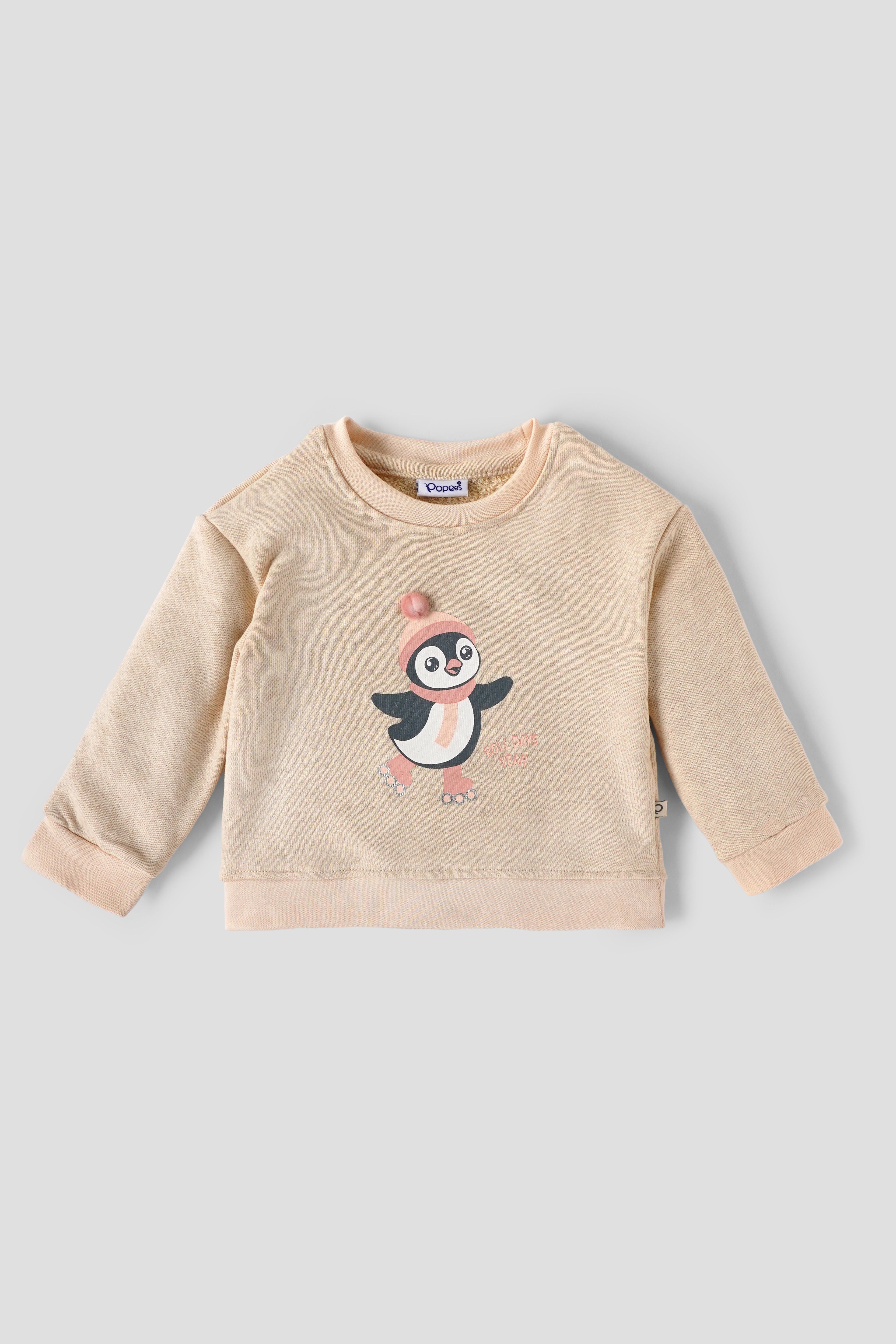Popees Baby Girls Cotton Fleece Sweatshirt with Penguin Print| 9M–4Y