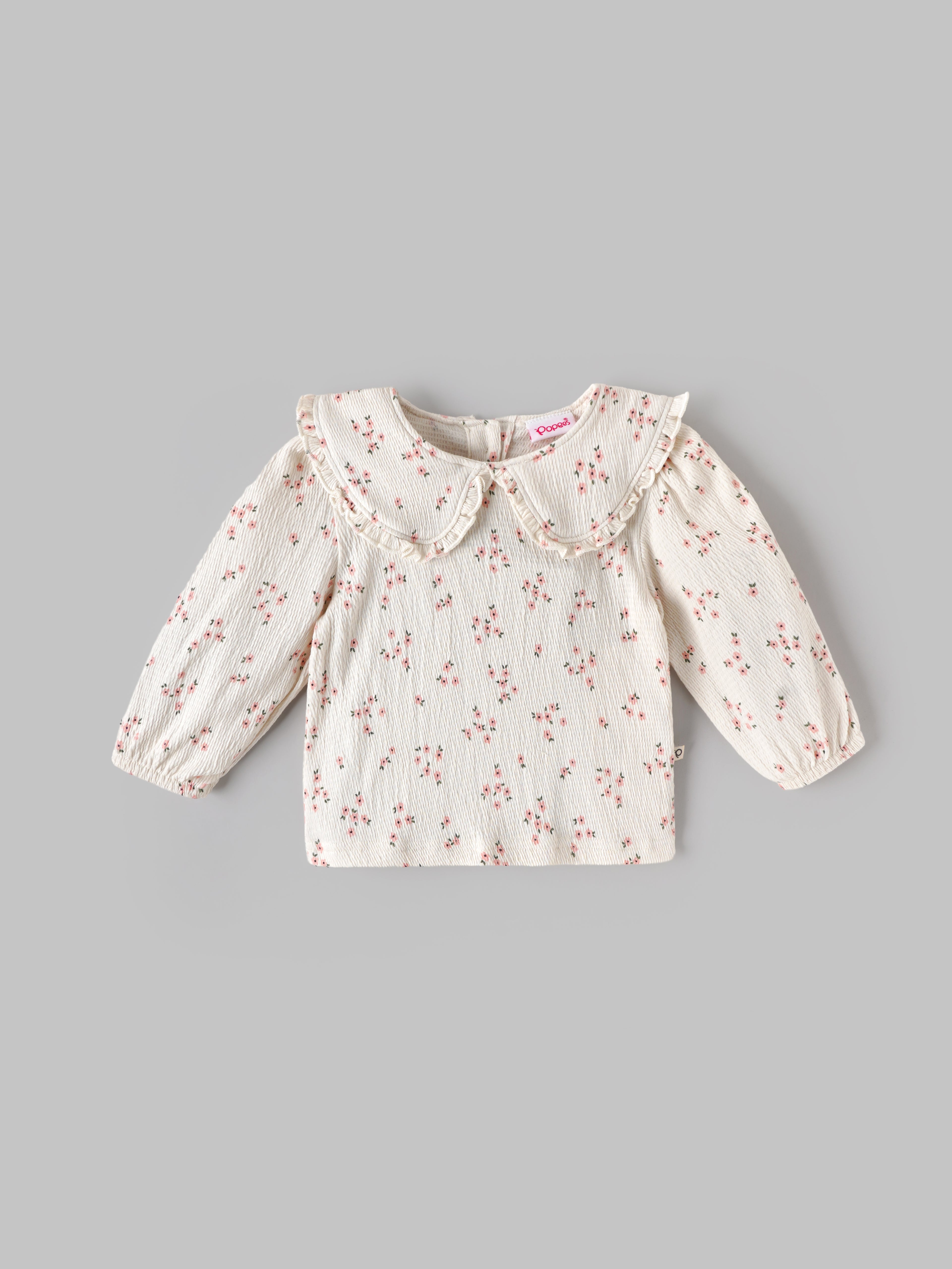 Popees Baby Girls Floral Cotton Top | Cream Printed Long Sleeve Peter Pan Collar Outfit (9 Months–4 Years)