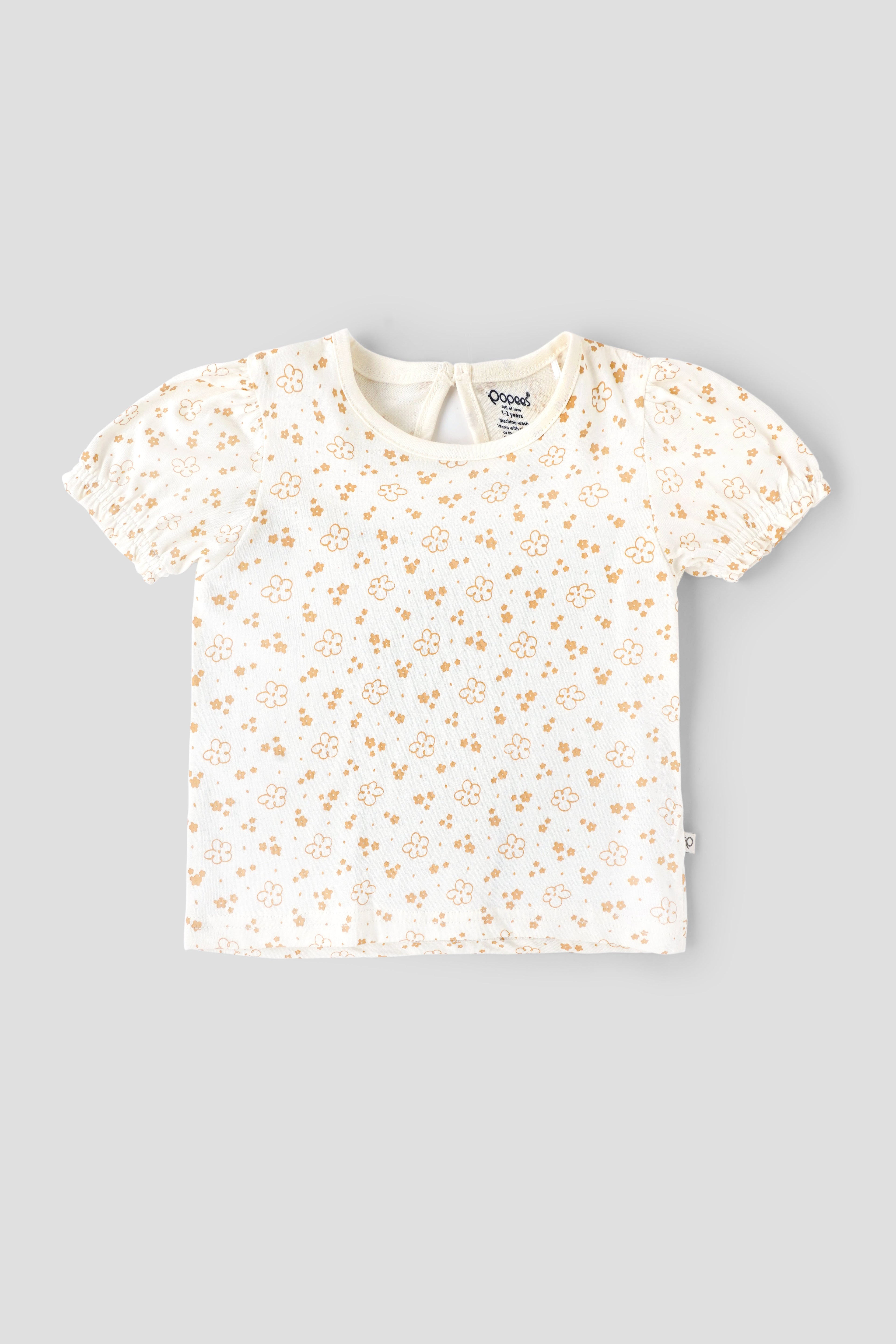 Popees Baby Girls Cotton Floral Printed Puff Sleeve Top| Soft Breathable Casual Wear (1–6 Years)