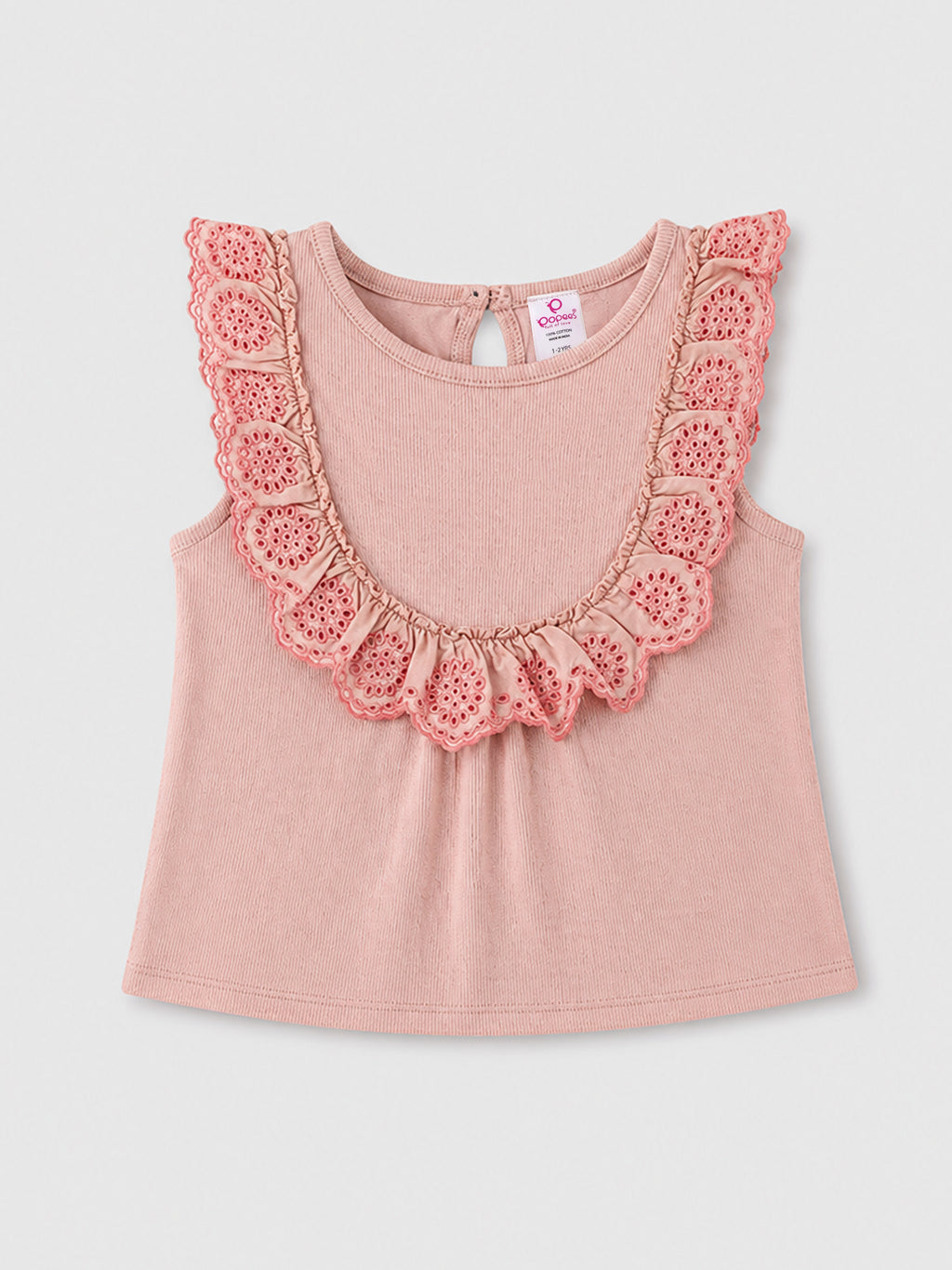 Popees Baby Girls Soft Ribbed Cotton Top with Floral Eyelet Lace Ruffle Detail | Sleeveless Top | 9 M –4 Years