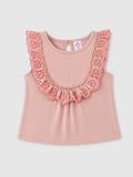 Popees Baby Girls Soft Ribbed Cotton Top with Floral Eyelet Lace Ruffle Detail | Sleeveless Top | 9 M –4 Years