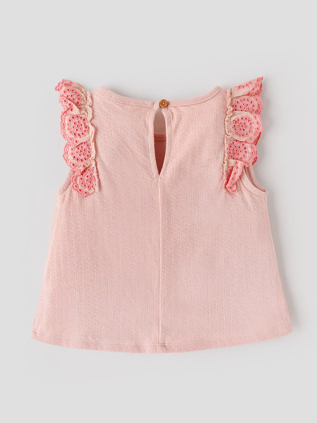 Popees Baby Girls Soft Ribbed Cotton Top with Floral Eyelet Lace Ruffle Detail | Sleeveless Top | 9 M –4 Years
