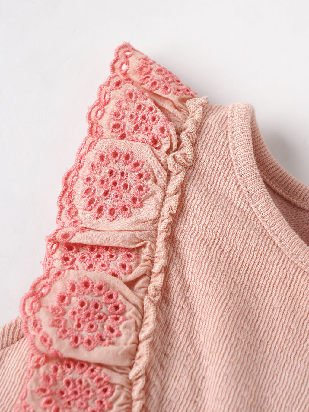 Popees Baby Girls Soft Ribbed Cotton Top with Floral Eyelet Lace Ruffle Detail | Sleeveless Top | 9 M –4 Years