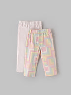 Popees Baby Girls Cotton Pants Pack of 2 | Solid & Pastel Geometric Print Elastic Waist (Size 3-36 M)